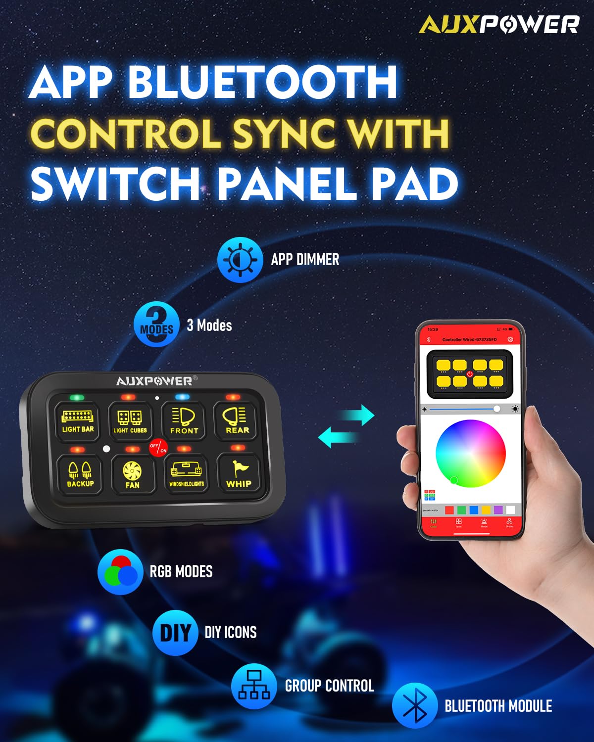 Panel de interruptor Bluetooth RGB de 8 bandas A38 con 3 modos de iluminación Panel de control táctil LED con función regulable automática Sistema