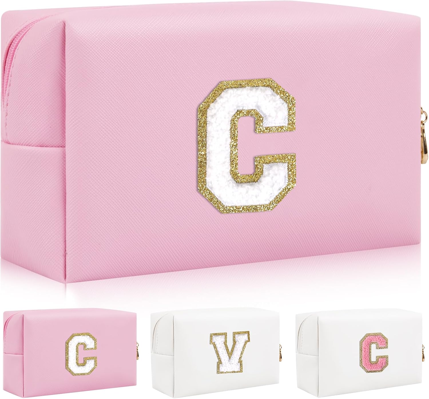Bolsa de maquillaje personalizada con parche de letra inicial, bolsa de cosméticos con cremallera, RosaBlanco-Letra