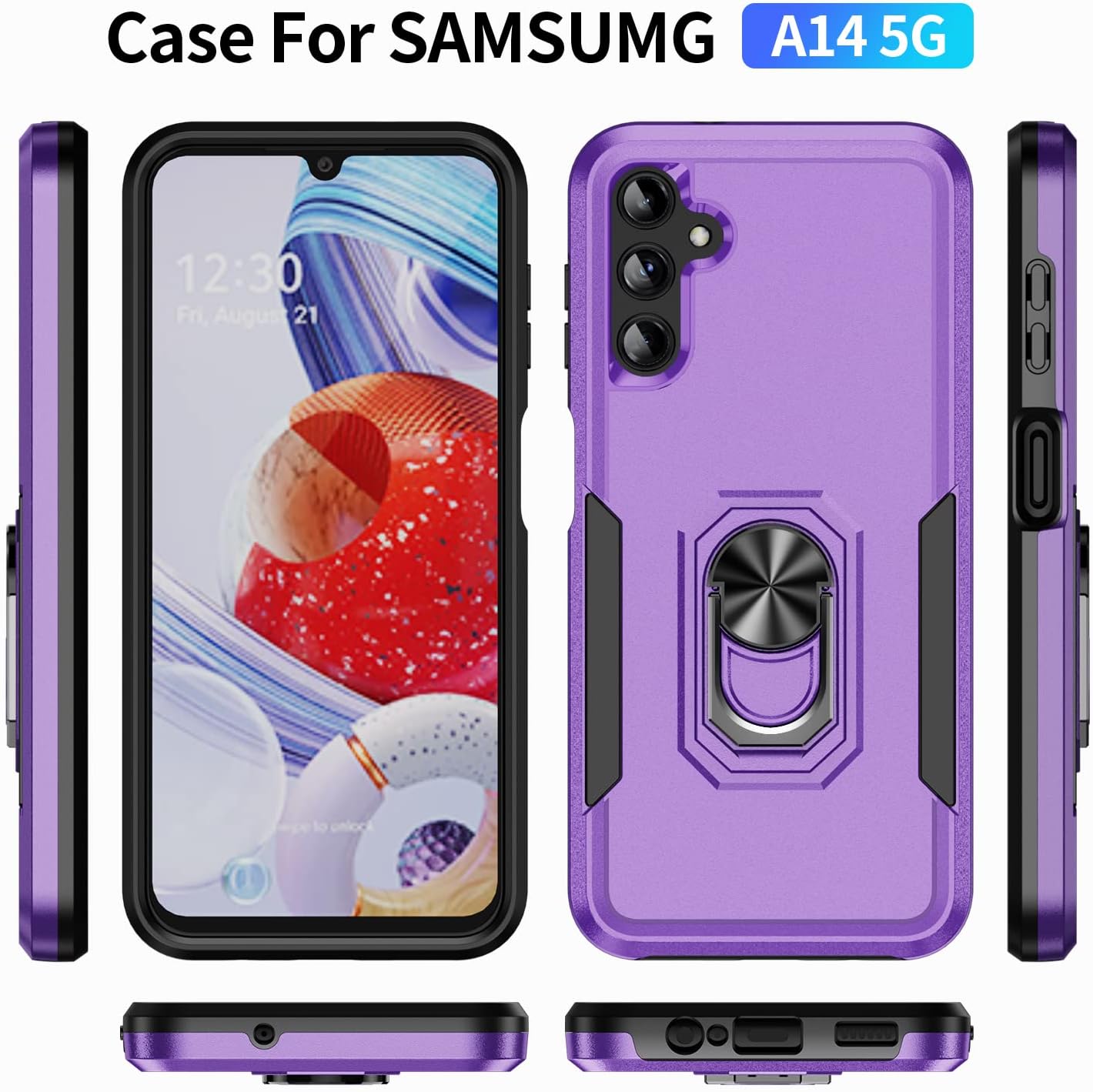 YmhxcY Funda A14 5G, funda para Galaxy A14 5G con 2 protectores de pantalla a prueba de explosiones, grado militar soporte de anillo de 360  F,