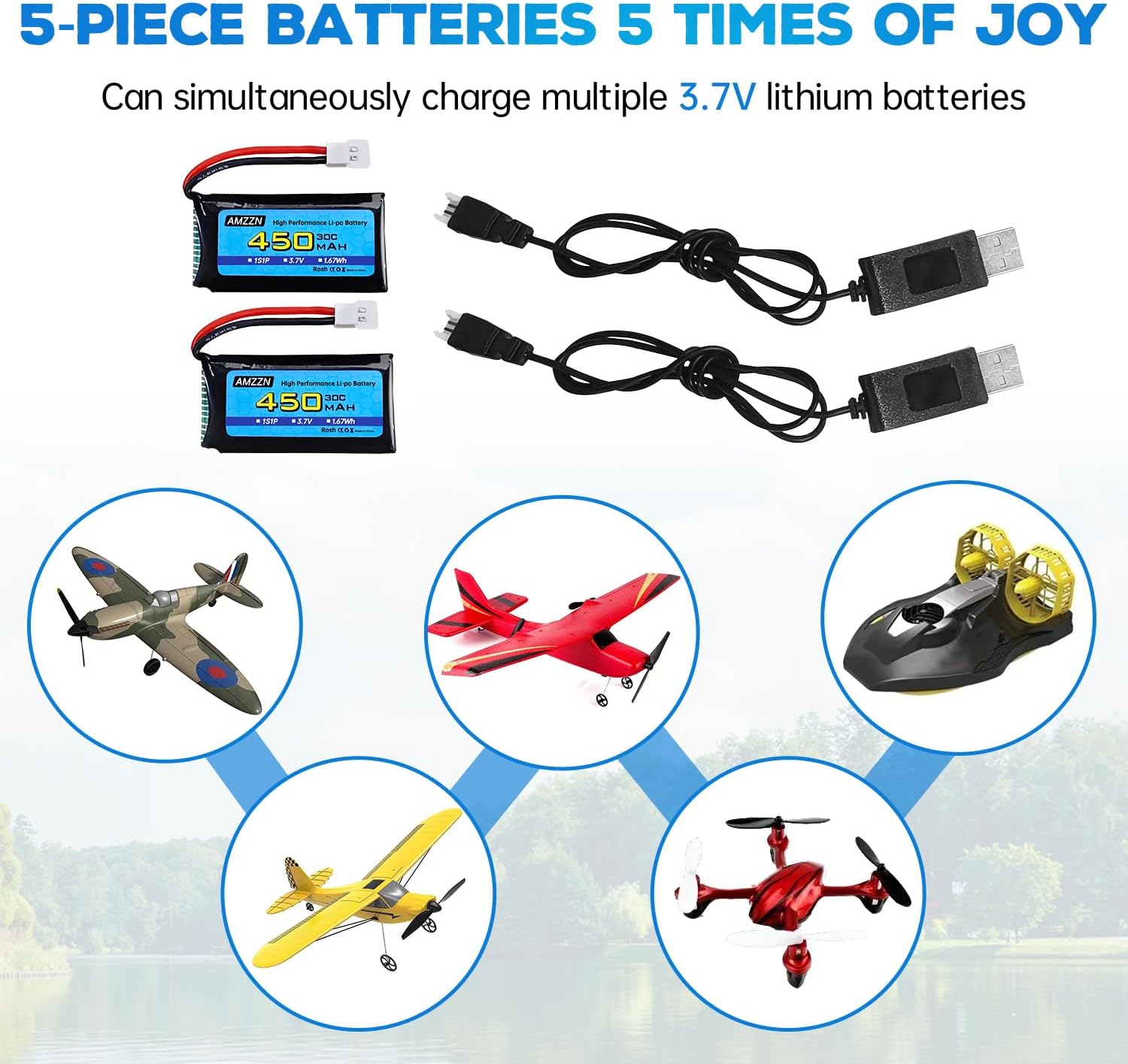 2 baterías Lipo de 3.7 V 450 mAh 30C con cable de carga USB, enchufe Molex compatible con la mayoría de drones RC, aviones de cuatro ejes y modelos
