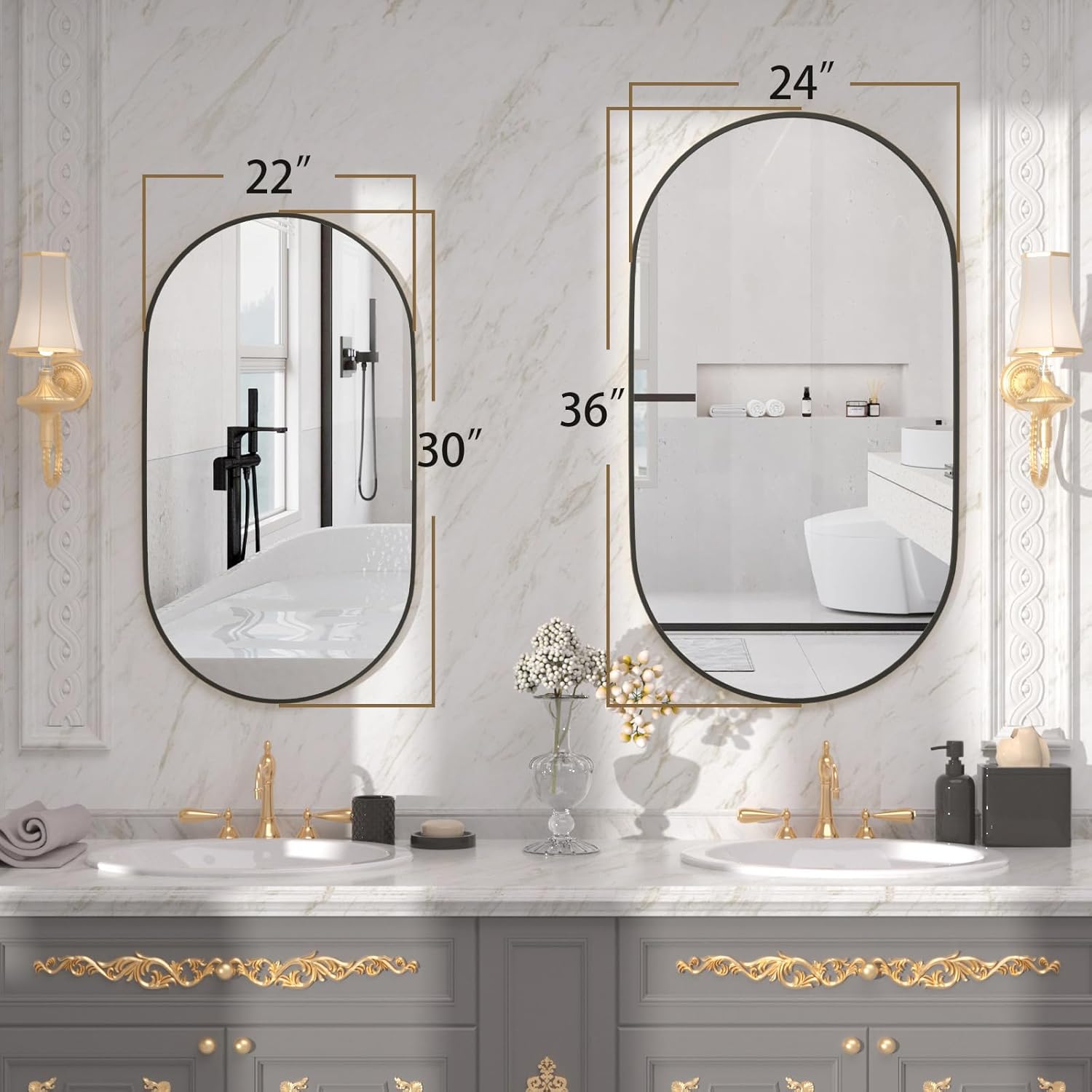 Espejos ovalados, espejos ovalados de baño, espejo ovalado negro de 20 x 28 pulgadas, espejos decorativos de pared, espejos de baño para sobre el