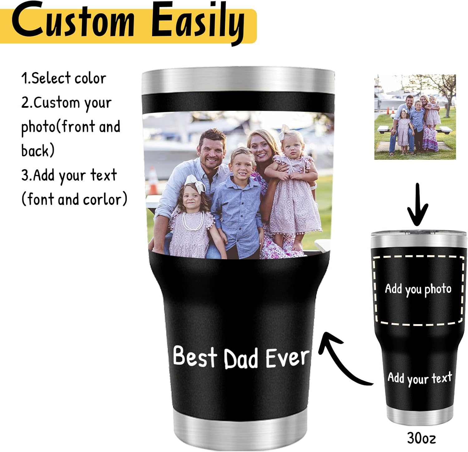 Vasos personalizados con imágenes, vaso de café de acero inoxidable con foto personalizada de 30 onzas con tapa de texto y pajitas, taza de viaje