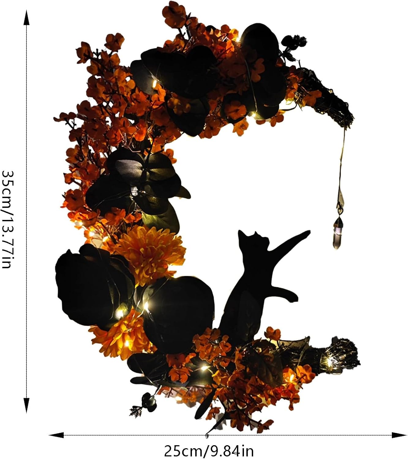 Corona de Halloween, luna y gato con rosa, guirnalda de corona de Halloween negra para puerta delantera, ventana, decoración de pared, bonita corona