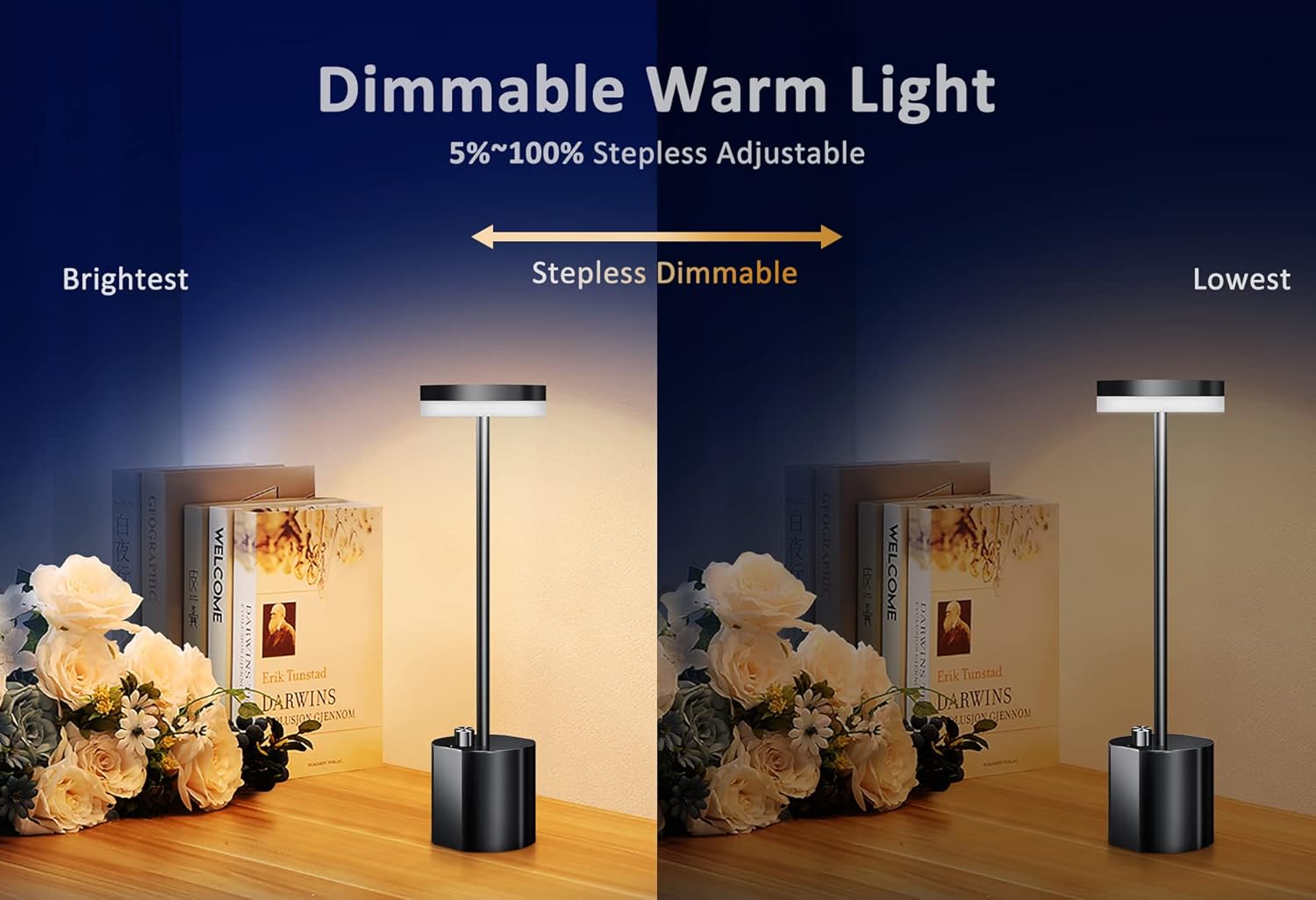 Lámpara de mesa inalámbrica de alta calidad, de larga duración, 6000 mAh, recargable, funciona con pilas, atenuación de hasta 70 horas, luz de mesa
