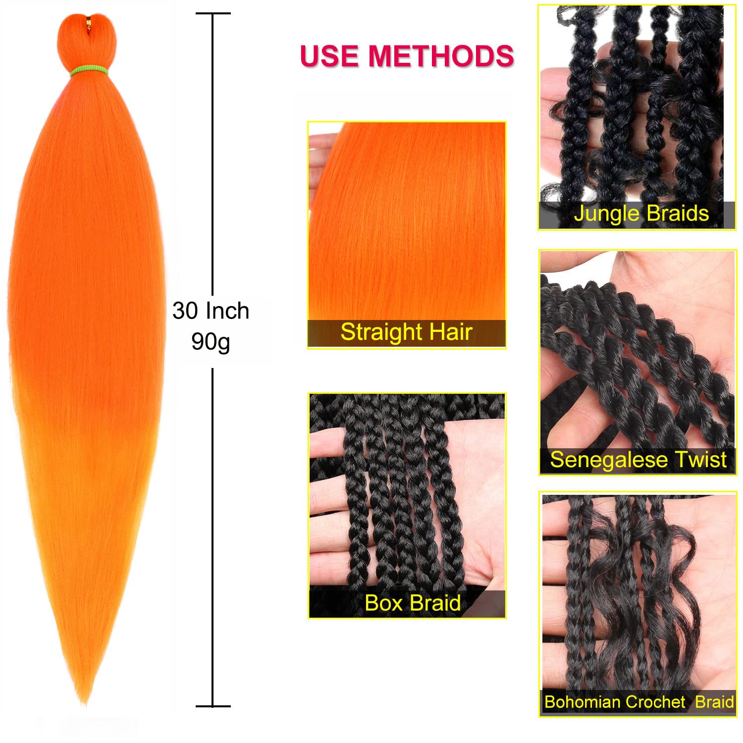 Leeven Cabello trenzado preestirado de 30 pulgadas, paquete de 2 extensiones de cabello trenzado naranja preestirado sin picazón, trenzas trenzadas