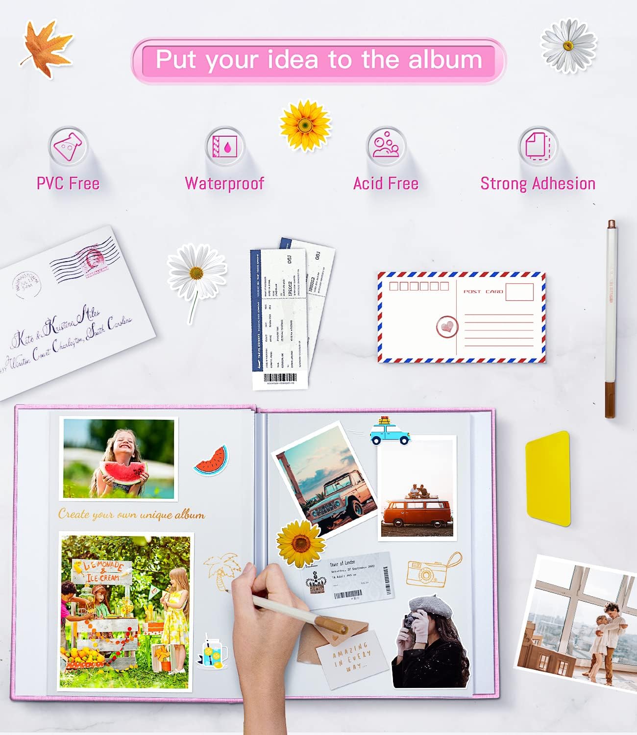 Popotop Álbum de fotos autoadhesivo con ventana de visualización de imágenes, 60 páginas, álbum de recortes para fotos de 4 x 6, 8 x 10, cubierta de