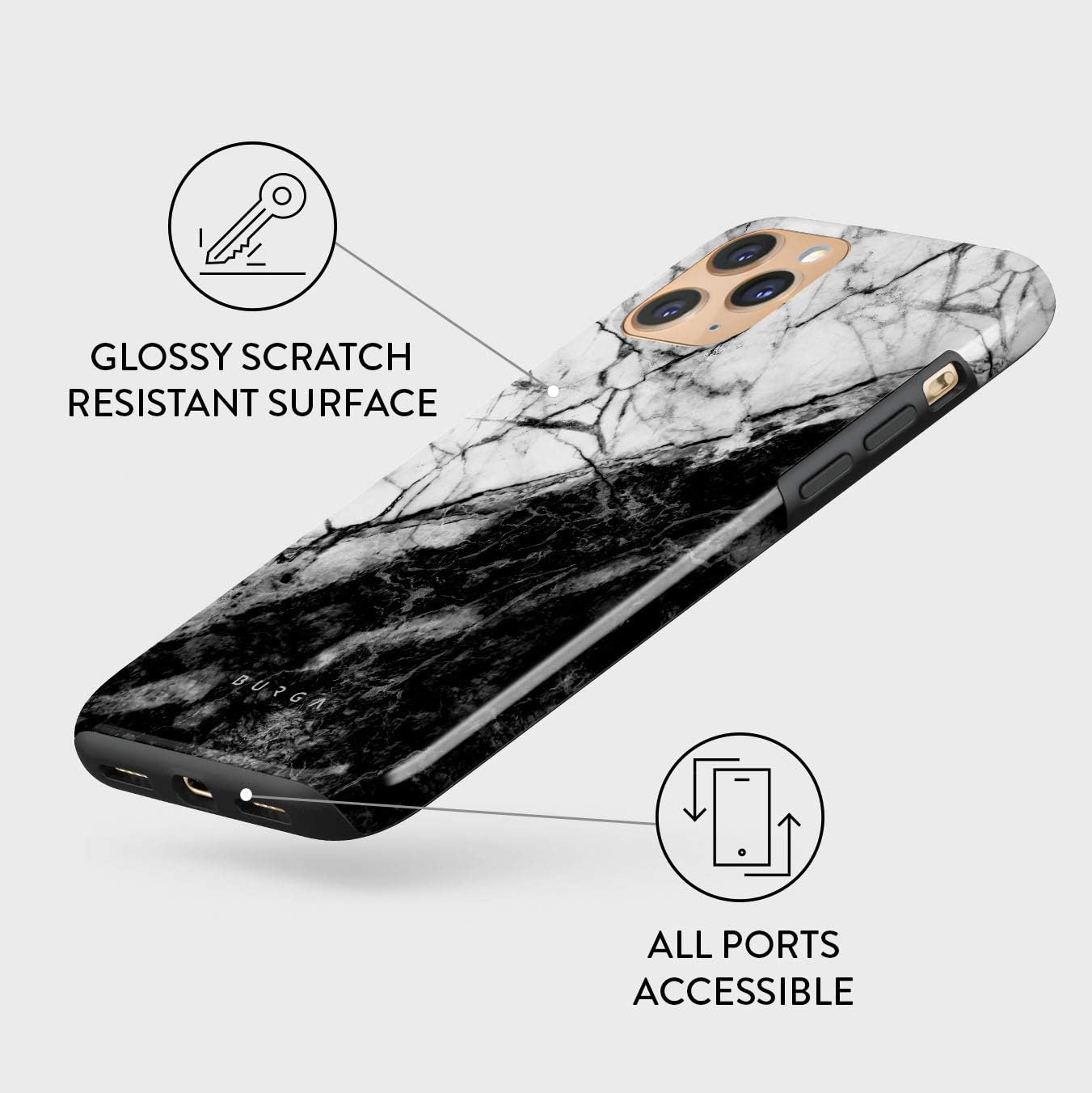 BURGA – Funda compatible con iPhone 11 PRO MAX, carcasa rígida híbrida de 2 capas + Funda de silicona, Fatal Contradiction (marmolado blanco y negro