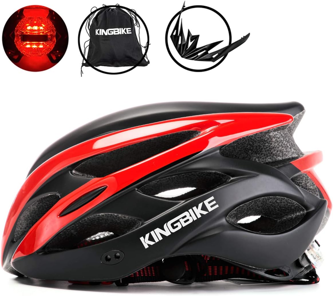 KINGBIKE Casco de bicicleta ligero y cómodo para adultos y jóvenes con luz trasera de seguridad LED + visera desmontable, mochila de almacenamiento