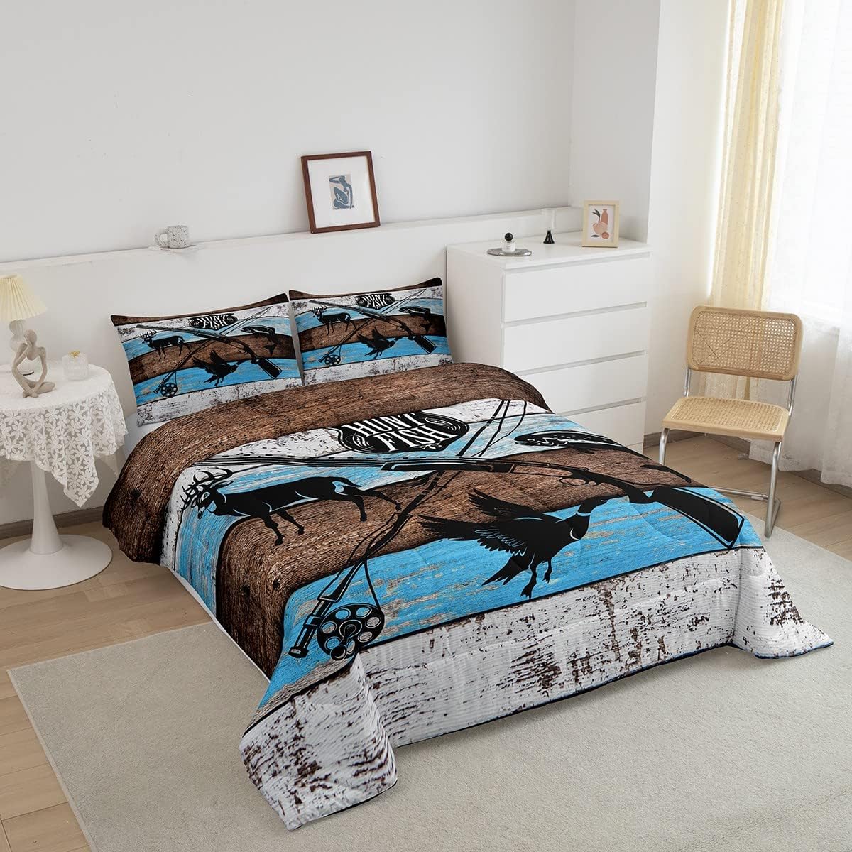 Juego de edredón tamaño Queen con temática de caza de animales de ciervos y pájaros, con 2 fundas de almohada, tablero de madera azul rústico, 3