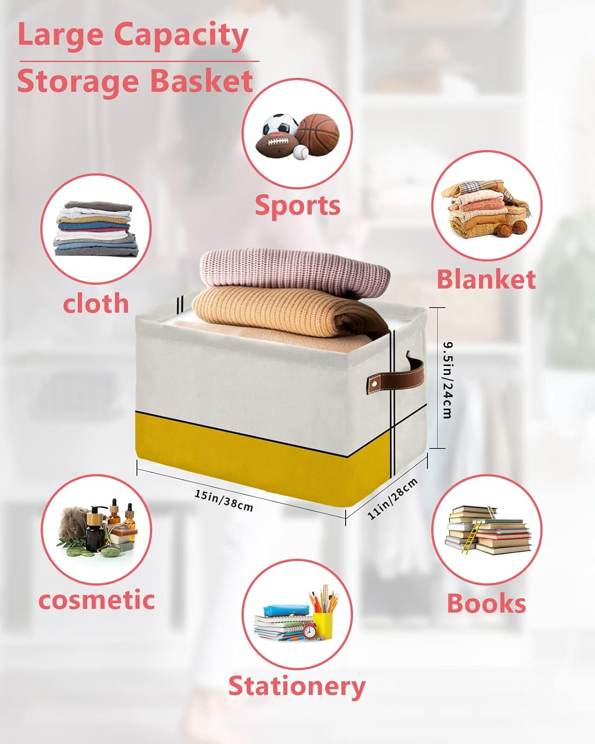 Cesta de almacenamiento geométrica amarilla para organizar estantes, cajas de almacenamiento plegables con asa, bloque de color beige moderno,