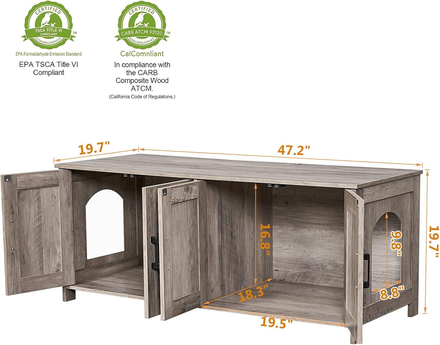 Caja de arena para gatos para 2 gatos, muebles ocultos con habitación doble, muebles de madera para baño, casa para gatos, 47.2 pulgadas de largo x