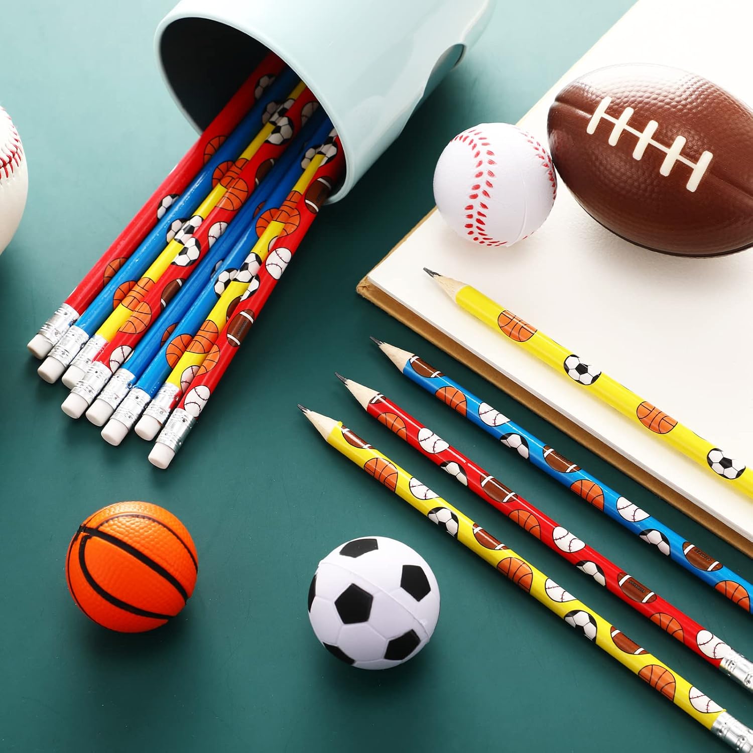 48 lápices deportivos con borrador para niños, lápices de béisbol, fútbol, baloncesto, pelota de fútbol, lápices de pelota de fútbol con temática