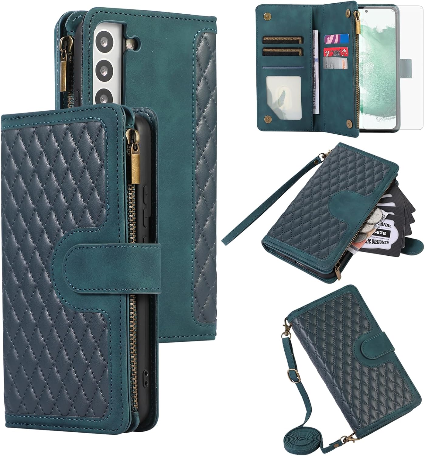 Asuwish Funda de teléfono para Samsung Galaxy S22 5G Funda tipo cartera con protector de pantalla de vidrio templado y correa cruzada para la muñeca