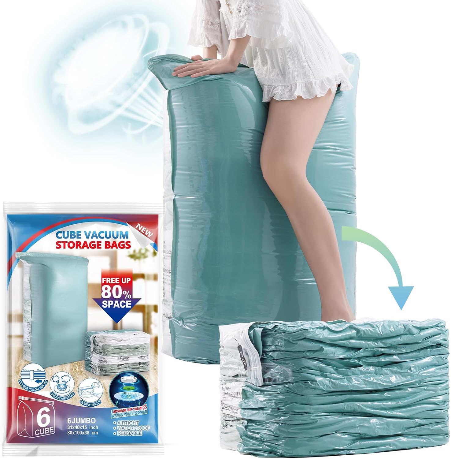 TAILI Paquete de 6 bolsas de almacenamiento al vacío, bolsas espaciales Jumbo Cube de 31 x 40 x 15 pulgadas, bolsas selladas al vacío color verde