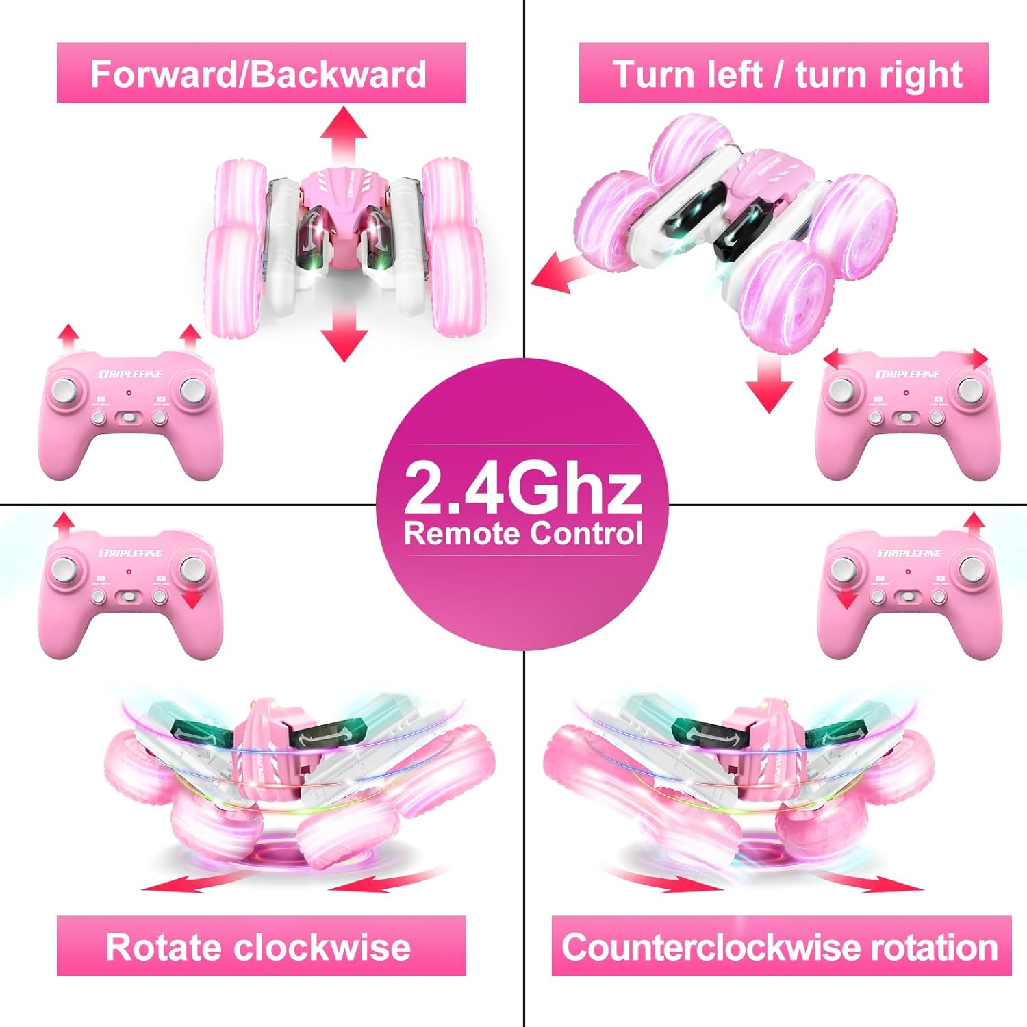 Coche de control remoto para niñas, auto de acrobacias rápidas LED, autos RC de 2.4 GHz, 4WD de doble cara giratoria de 360, juguetes para