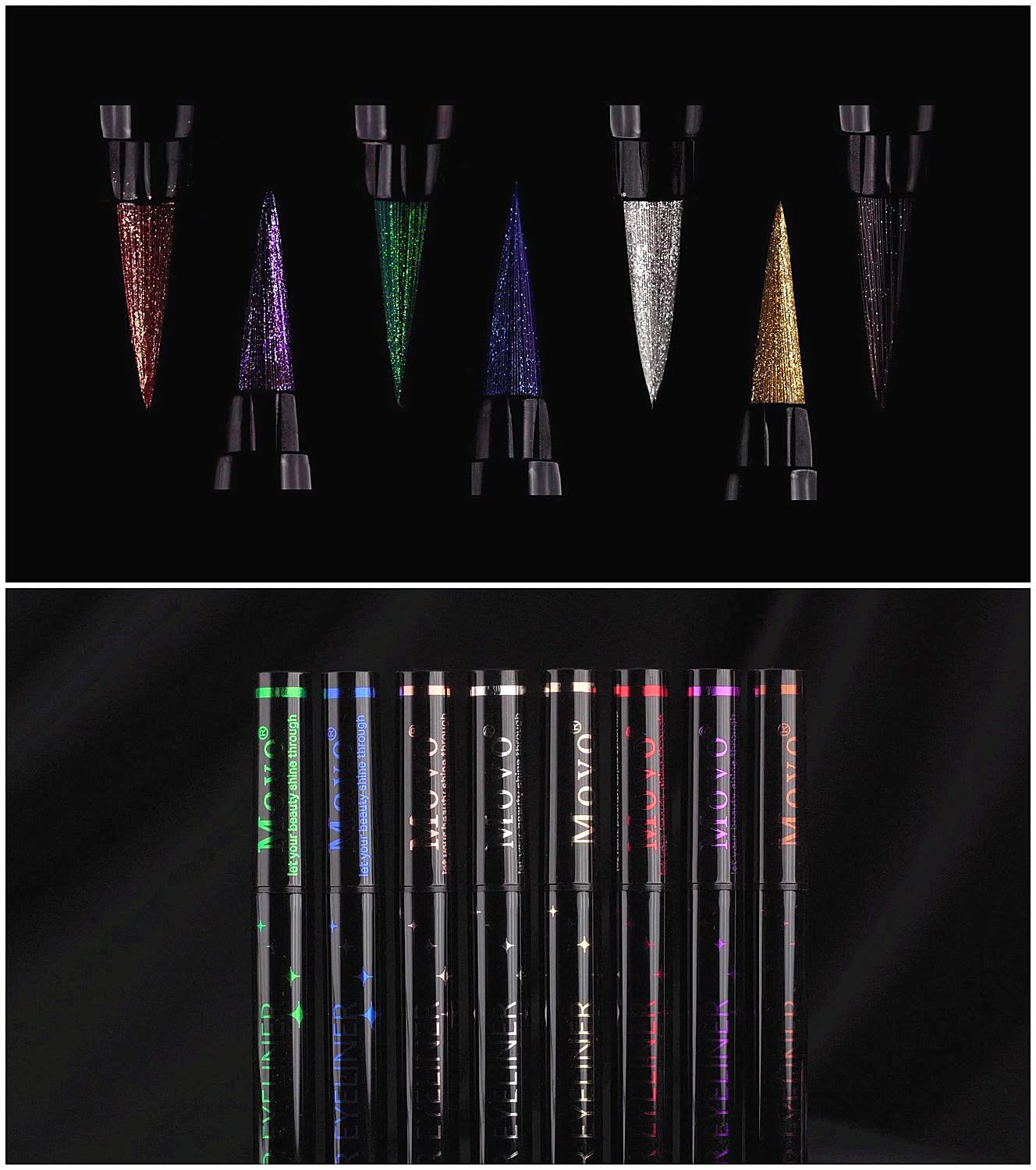 Movo Juego de delineador de ojos y sombra de ojos líquido dorado y plateado 2 en 1, coloridos, suaves e hiperafilados, delineador de ojos líquido,