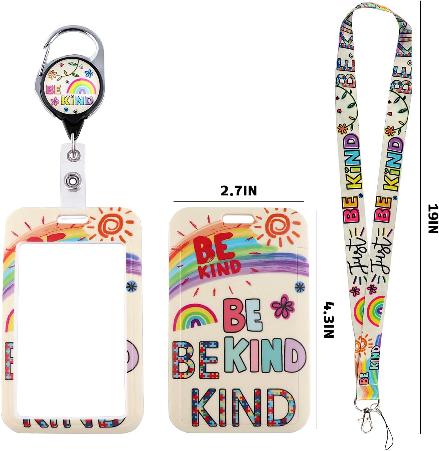BKBKAAK Bonito cordón con soporte para tarjetas y clip retráctil para niños, para autismo, arcoíris, tarjetero de identificación para llaves, niñas,