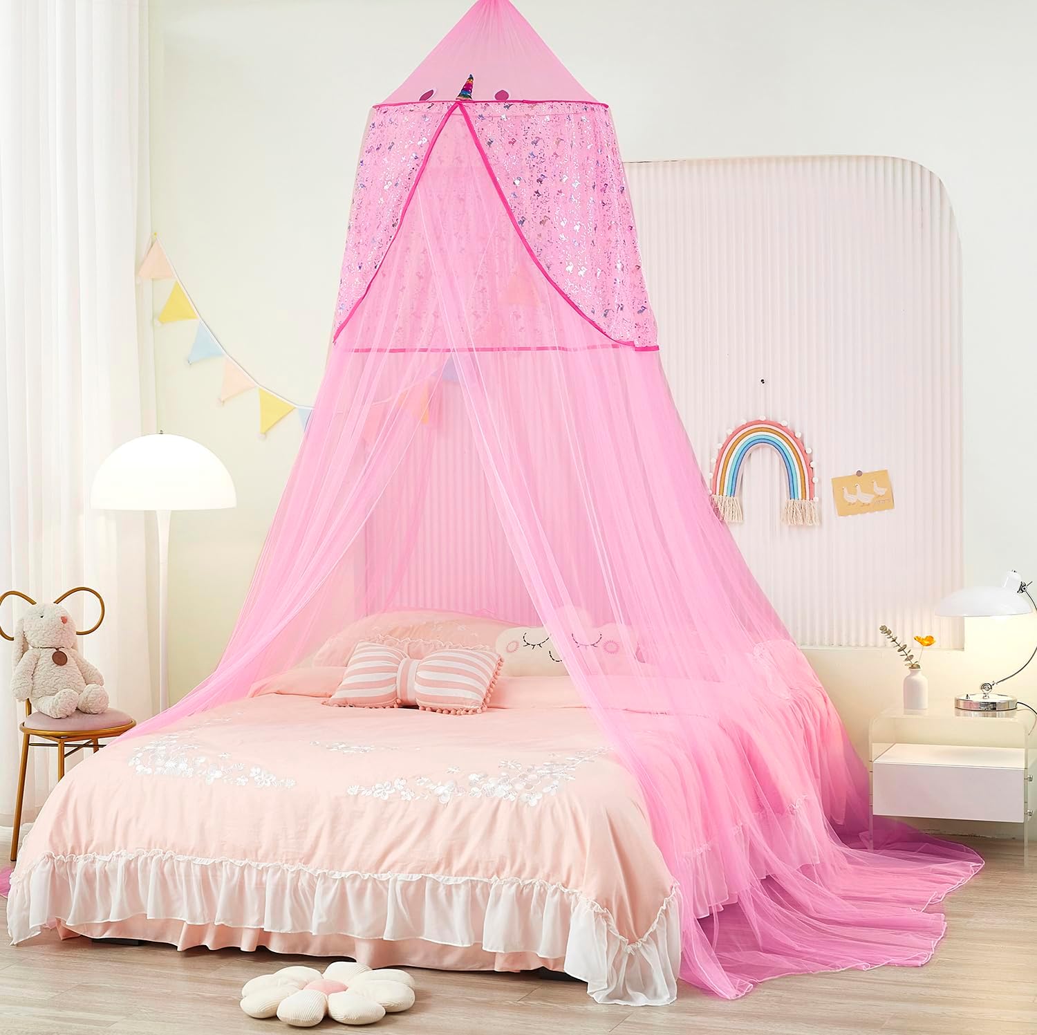 Toldo de cama de unicornio para niñas, toldo de cama con luces, tienda de campaña para cama, decoración de habitación de niñas