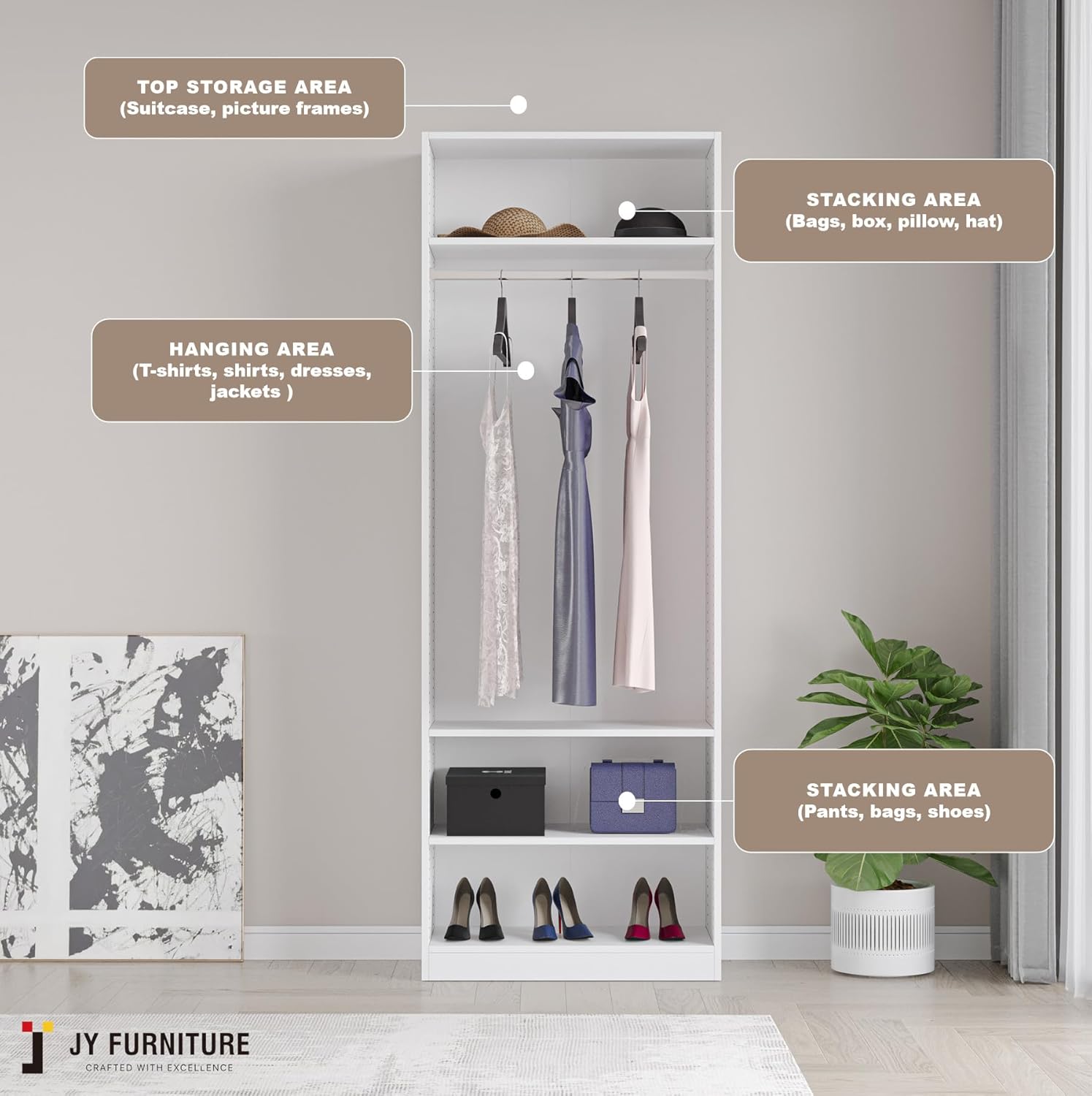 JY Furniture JYCL – Organizador de armario de madera, sistema modular de armario con 3 estantes ajustables y barra para colgar, 18-36 W, fácil de