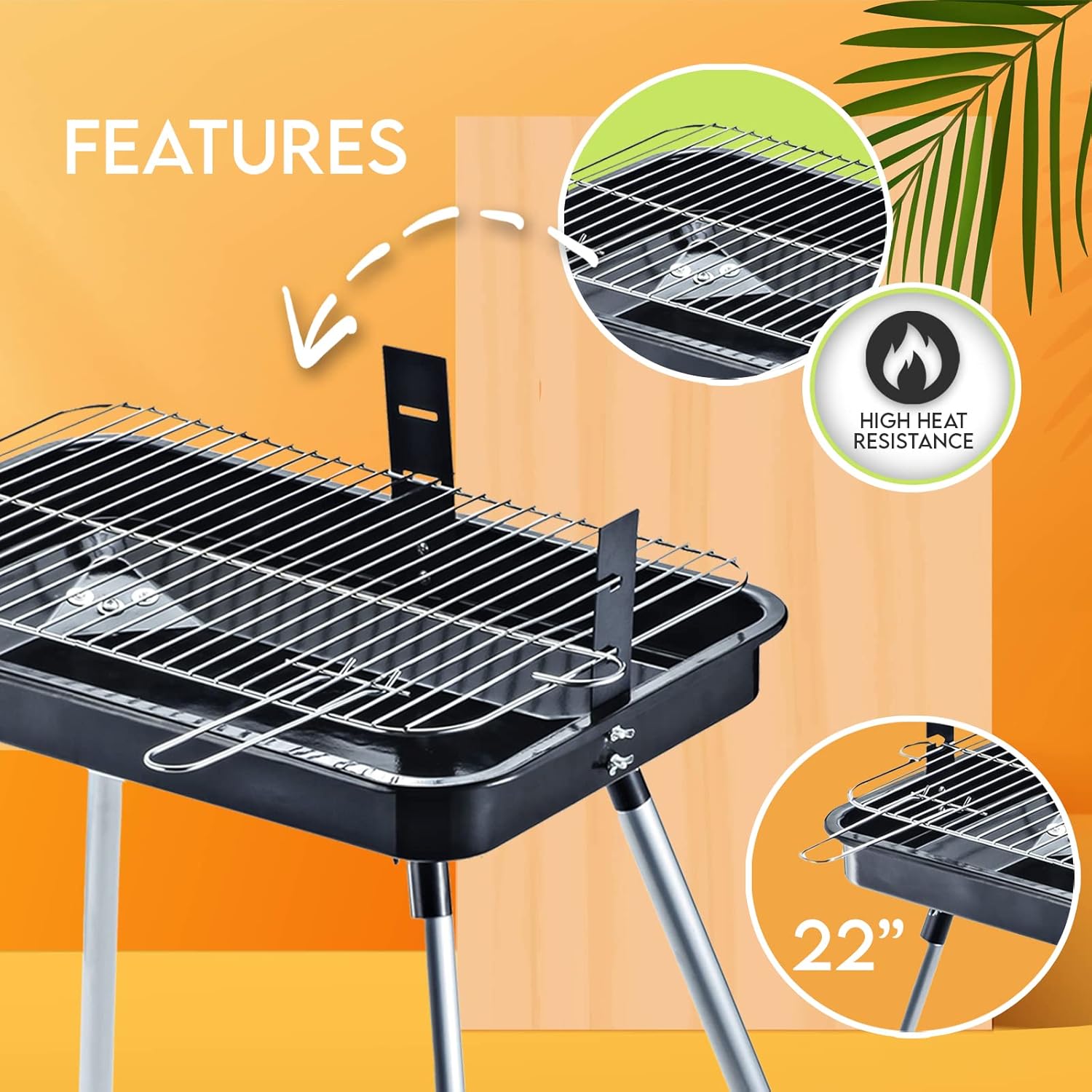 PAMI Parrilla portátil de carbón para barbacoa, parrilla mediana rectangular de 22 pulgadas para patio, patio, campamento, portón trasero y pícnics,