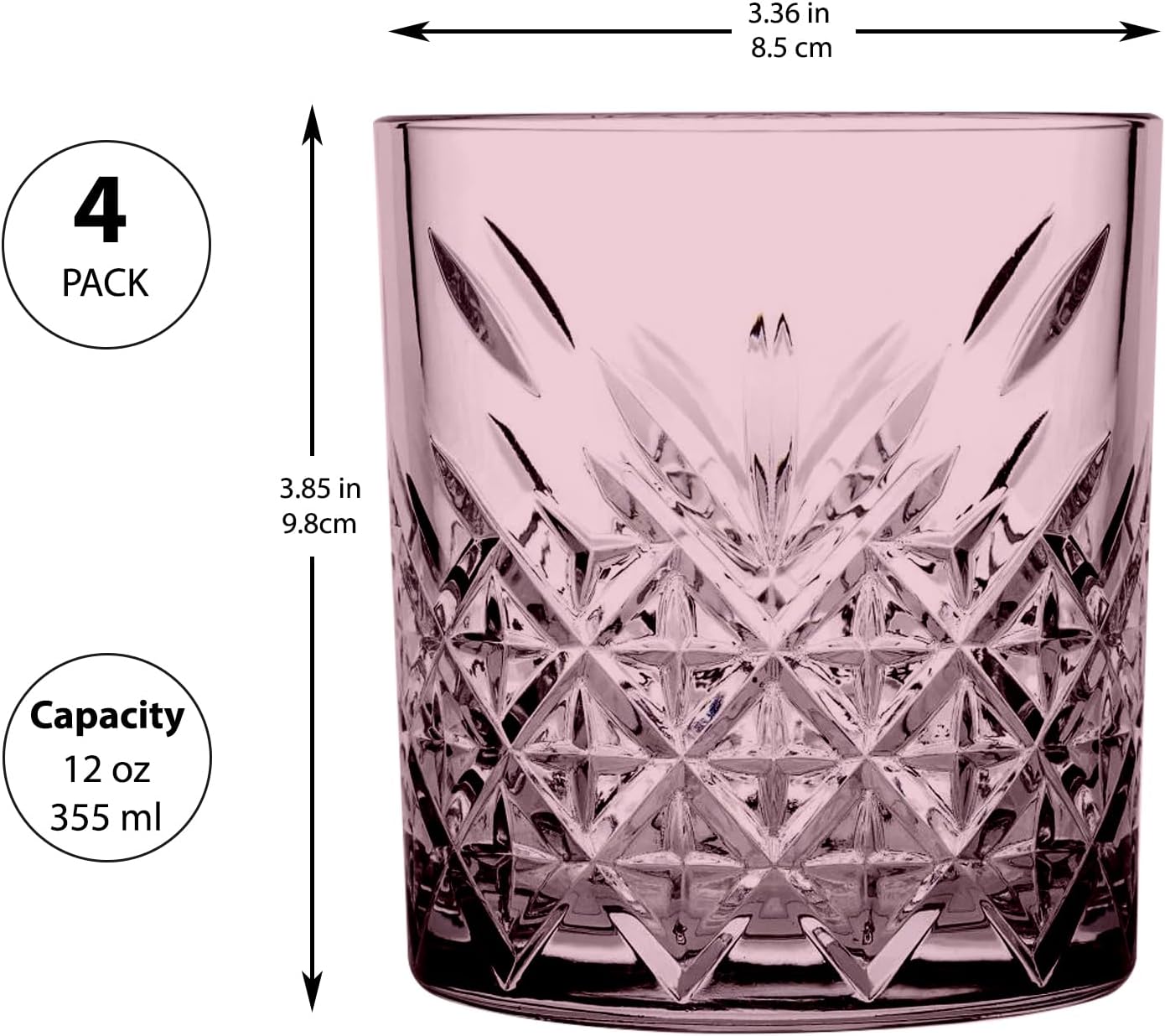 Juego de 4 vasos de cóctel rosados, Old Fashioned Lowball Barware, vasos de base pesada para beber, 12 onzas