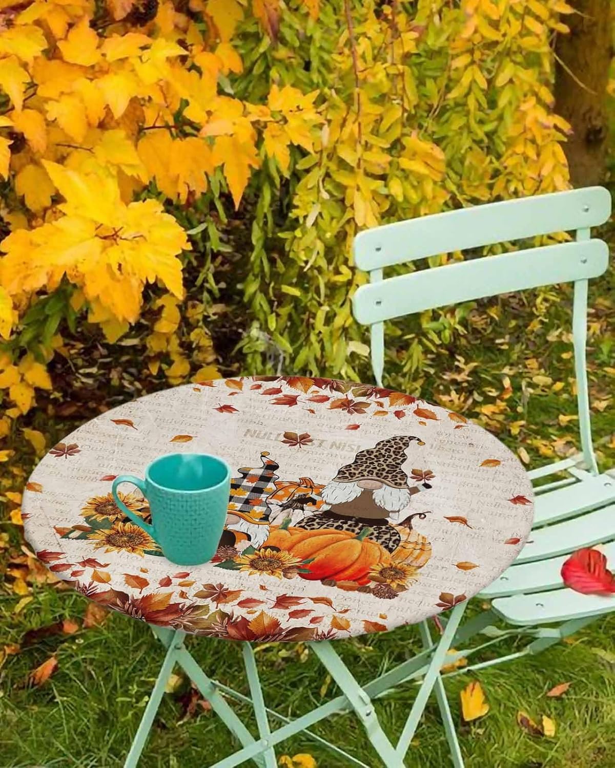 Mantel redondo ajustable con diseño de calabazas de gnomo de Acción de Gracias para mesas de comedor, diseño de hojas de arce con diseño de girasol,
