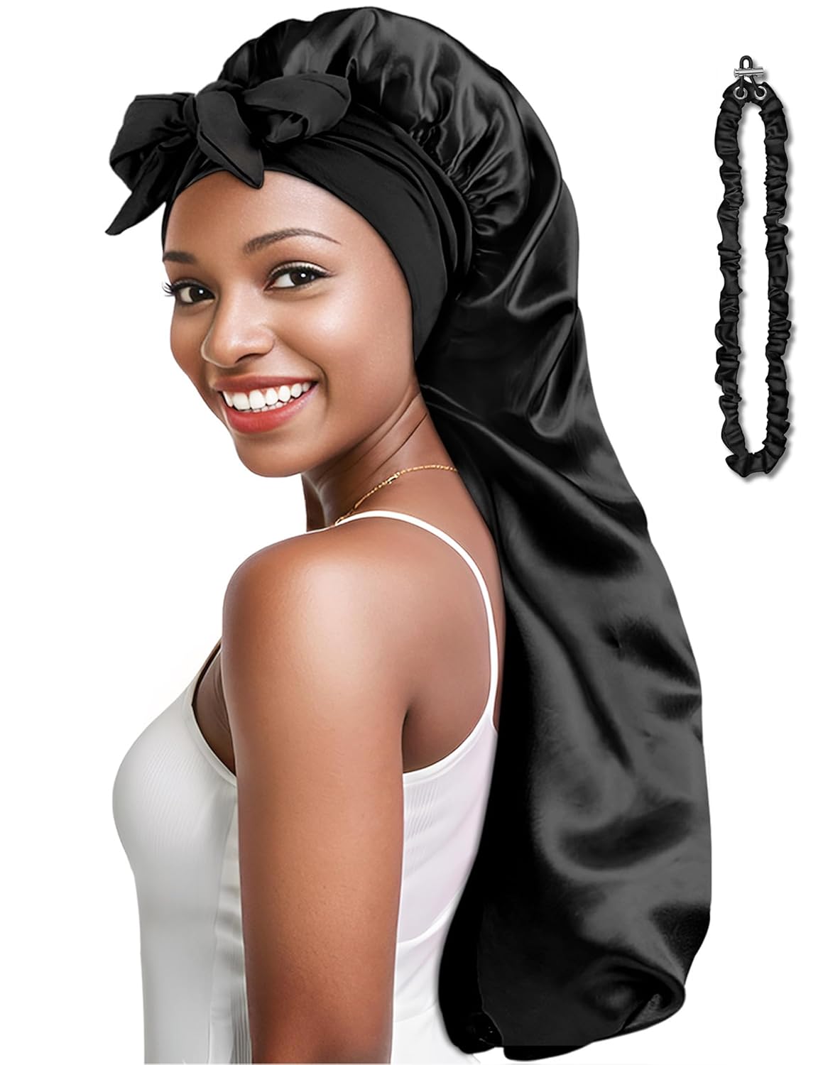 Babalet Gorro de seda para dormir, gorro de satén plegable extra largo con banda de amarre elástica para mujeres negras, accesorio para el cabello