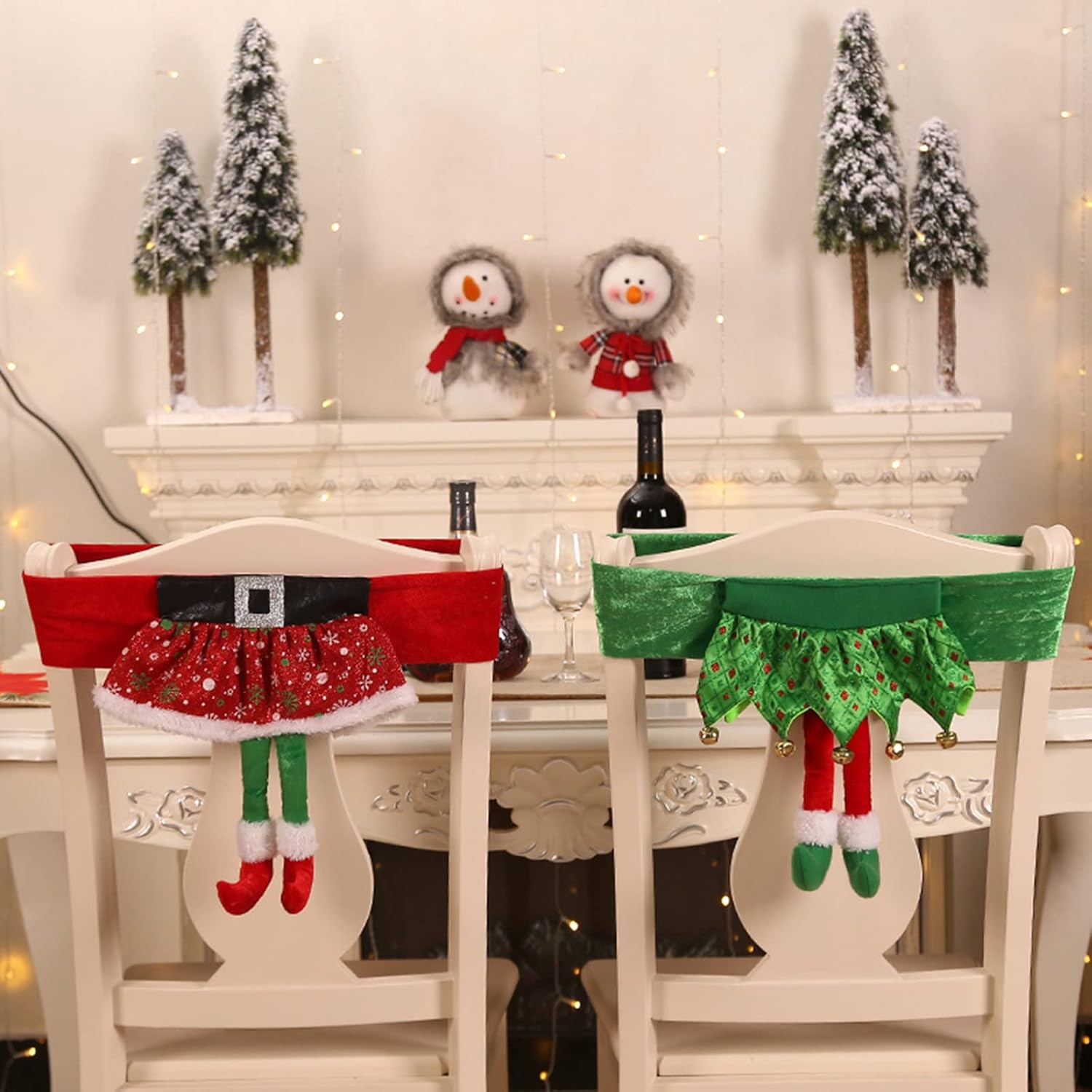 WYSRJ 4 piezas de cubierta trasera de silla de Navidad Santa Claus elfo fundas fundas de mesa de comedor de Navidad para el hogar, suministros de