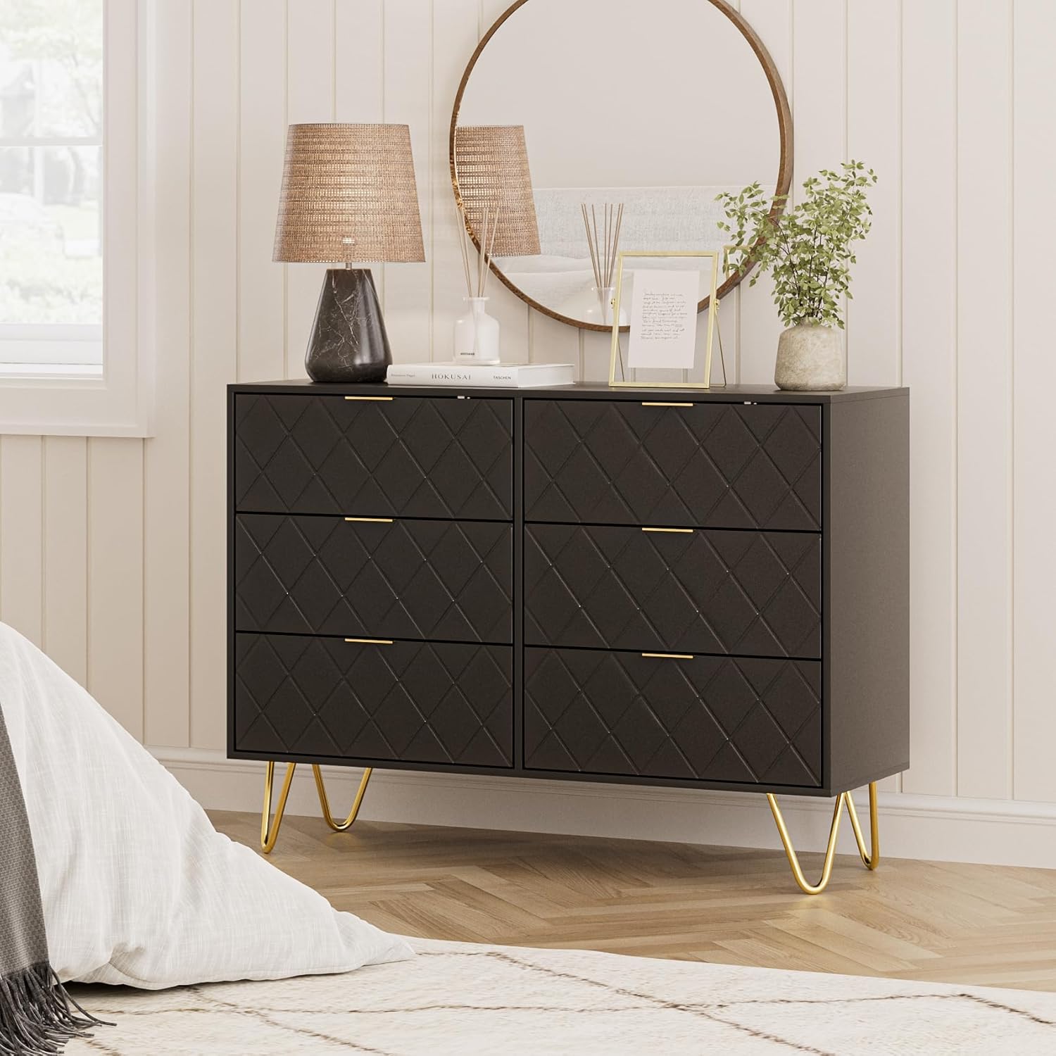 Cómoda de 6 cajones, moderna cajonera, cómoda de almacenamiento ancha con patas de metal, cómoda para dormitorio, sala de estar, armario, entrada,
