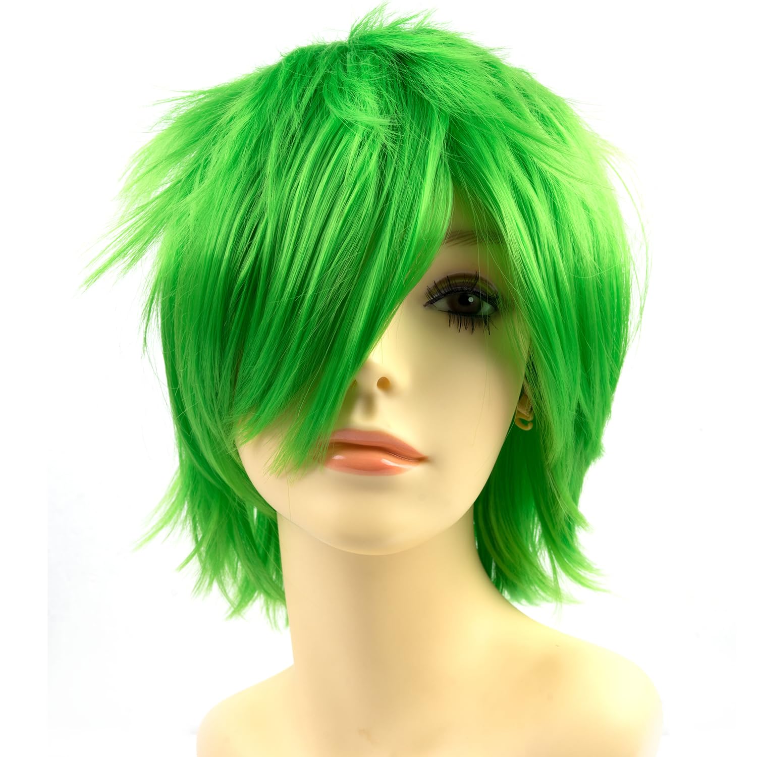 Rose bud Peluca de anime de Halloween verde para fiesta de cosplay, pelucas de pelo corto sintético en capas con flequillo, pelucas pastel para