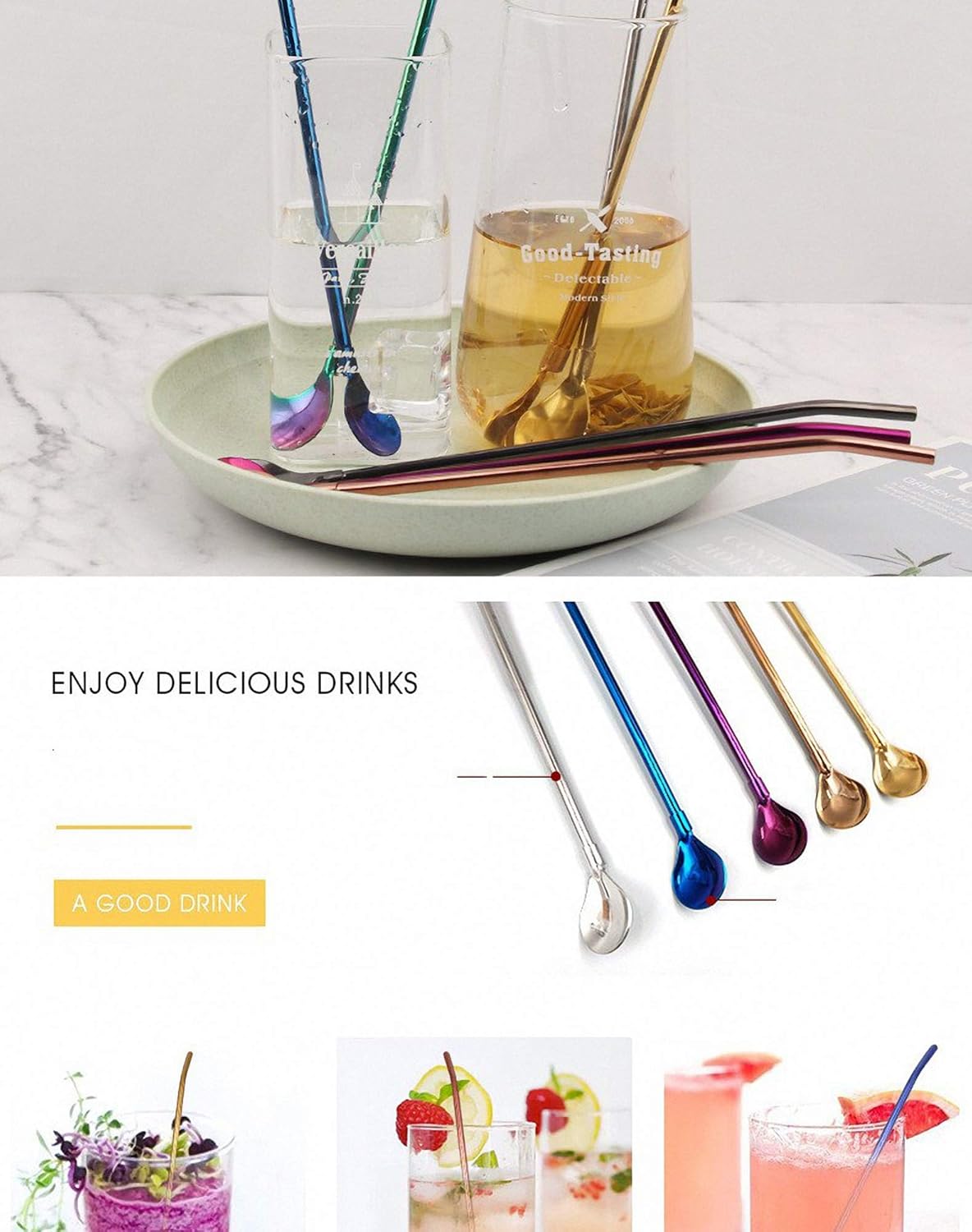 7 popotes de metal para beber con 2 cepillos de limpieza de 8.5 pulgadas, cuchara de barra reutilizable para café helado, bebida congelada, batidos,