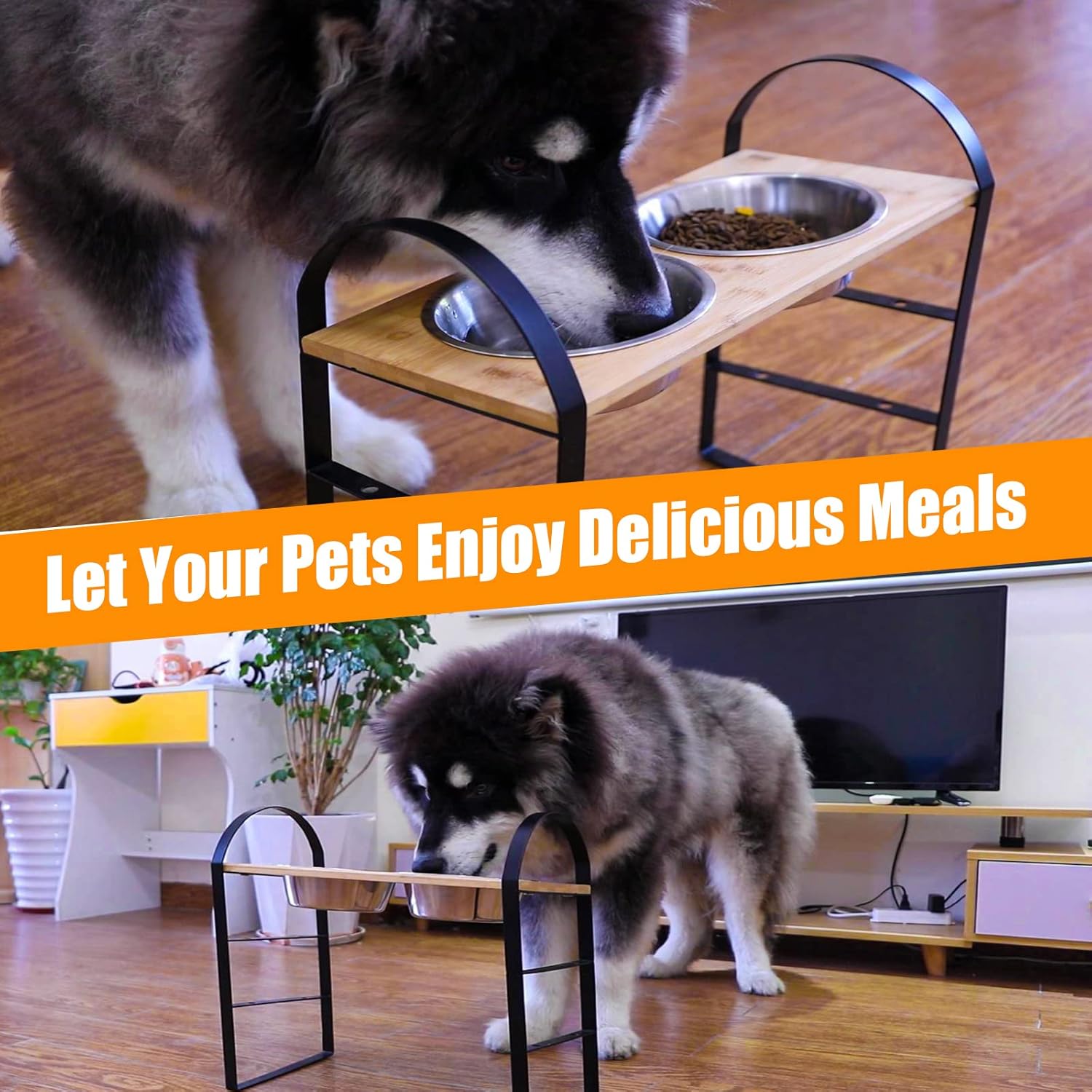 Cuencos elevados para perros, cuencos elevados ajustables para perros con 2 cuencos de acero inoxidable, soporte de bambú para alimentos para