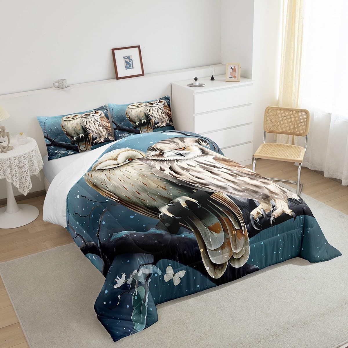 Feelyou Juego de ropa de cama con diseño de búho para niñas y niños con estampado de animales en 3D, juego de edredón decorativo con diseño de búhos