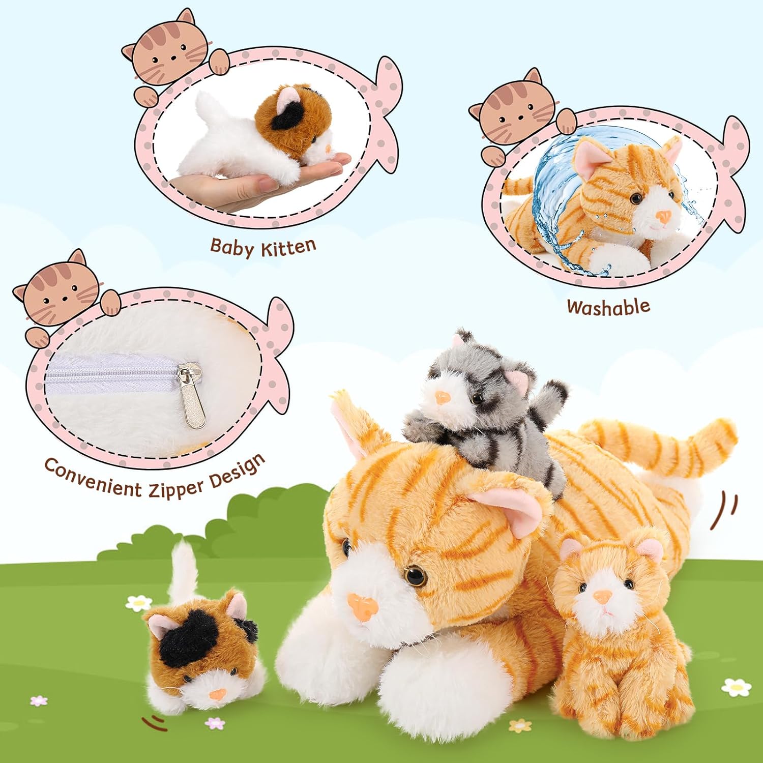 Muiteiur 4 gatos de peluche, 15.7 pulgadas, gato de peluche con 3 gatitos rellenos en bolsa con cremallera, lindos gatos amarillos de peluche para