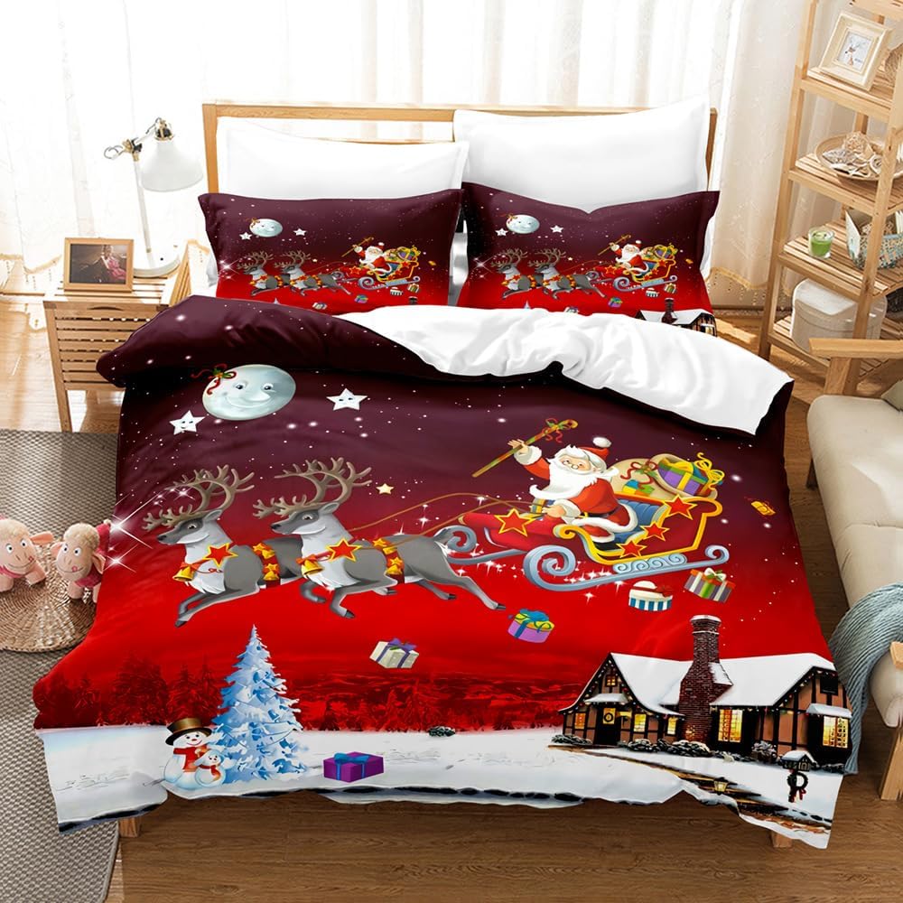 Juego de funda de edredón con estampado de paisaje de Navidad, diseño de Papá Noel, alce, trineo, muñeco de nieve, juego de ropa de cama para niños