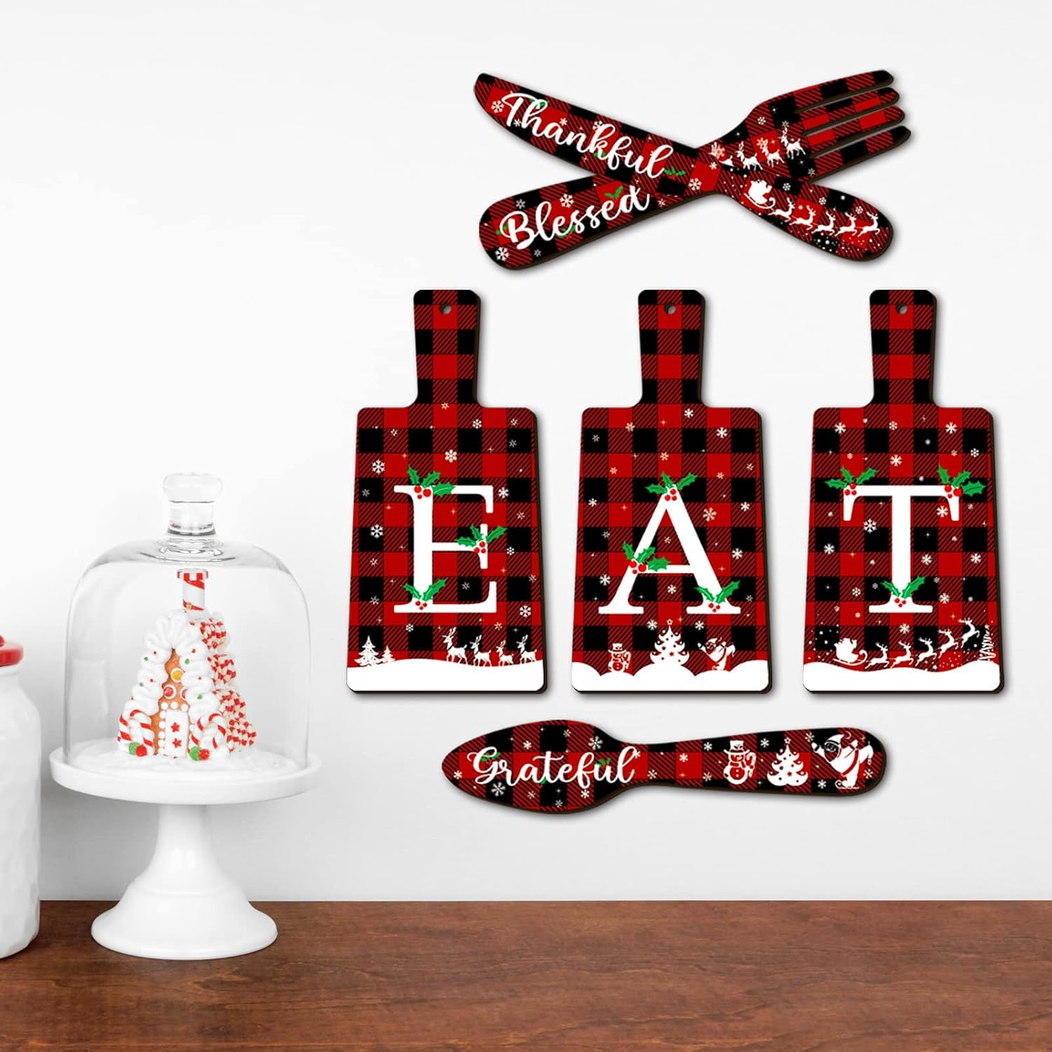clothmile 6 piezas de tabla de cortar de Navidad, letrero de comer, cuchillo, cuchara y tenedor, decoración de pared a cuadros de búfalo, decoración