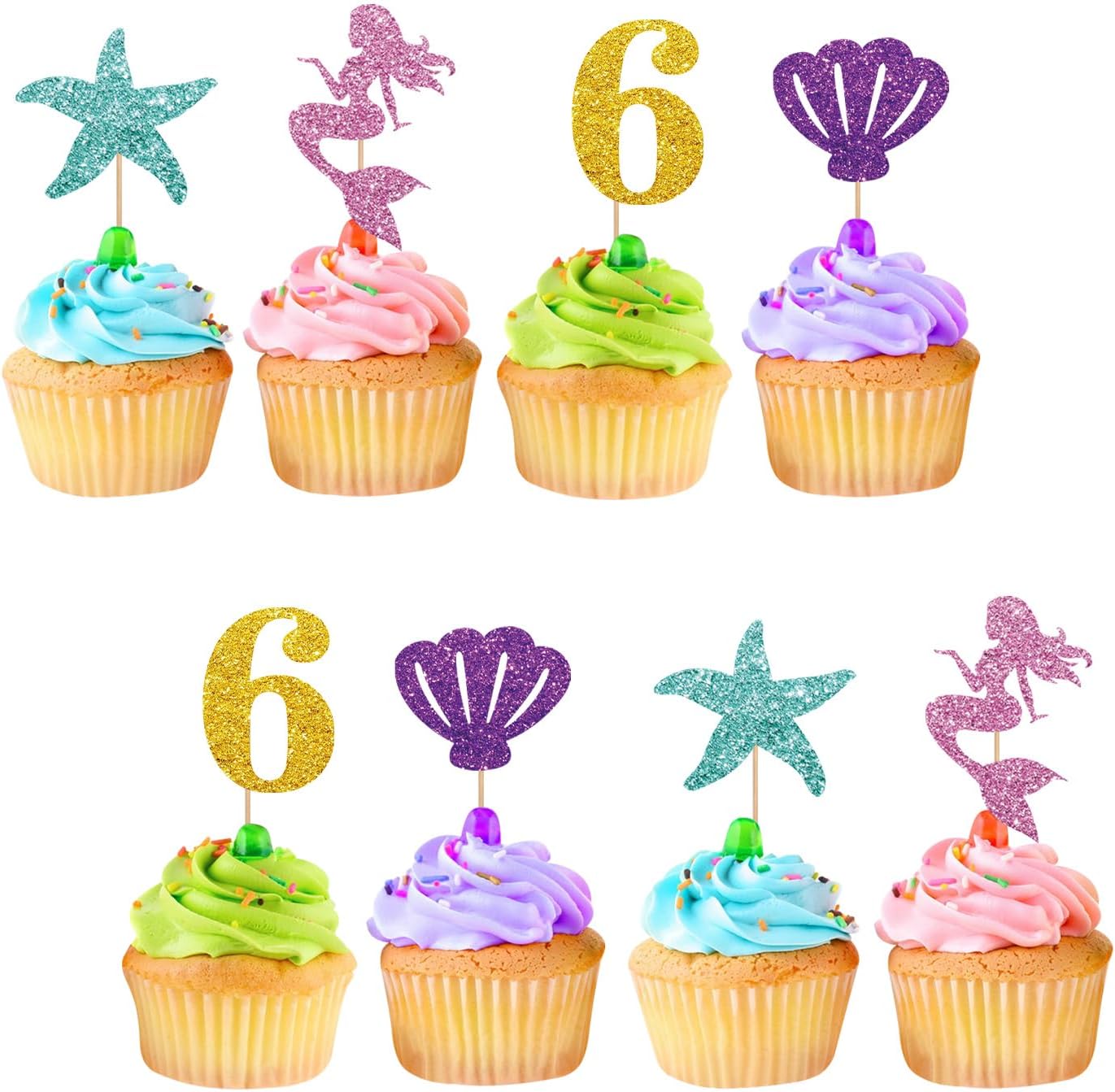 24 decoraciones de sirena para cupcakes de 6 cumpleaños, decoración de 6 magdalenas de sirena con purpurina rosa y dorada, decoración de pastel de