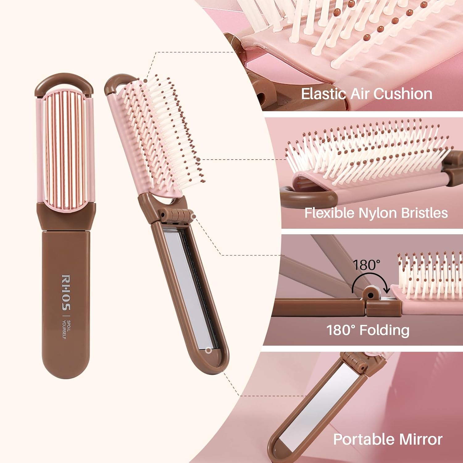 Cepillo plegable con espejo para mujeres, hombres y niños, mini cepillo de pelo portátil para bolso, cepillo de pelo de bolsillo pequeño con cerdas