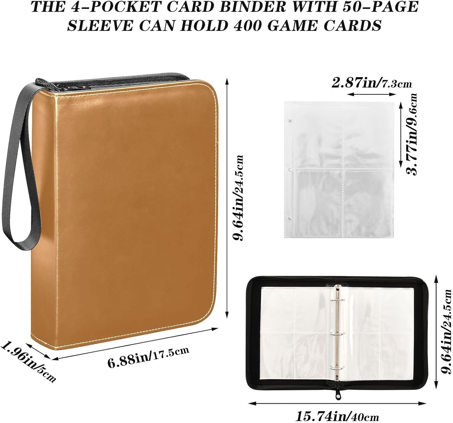 Carpeta de bronce con cremallera para tarjetas coleccionables con 400 ranuras, ideal para varias tarjetas de juego