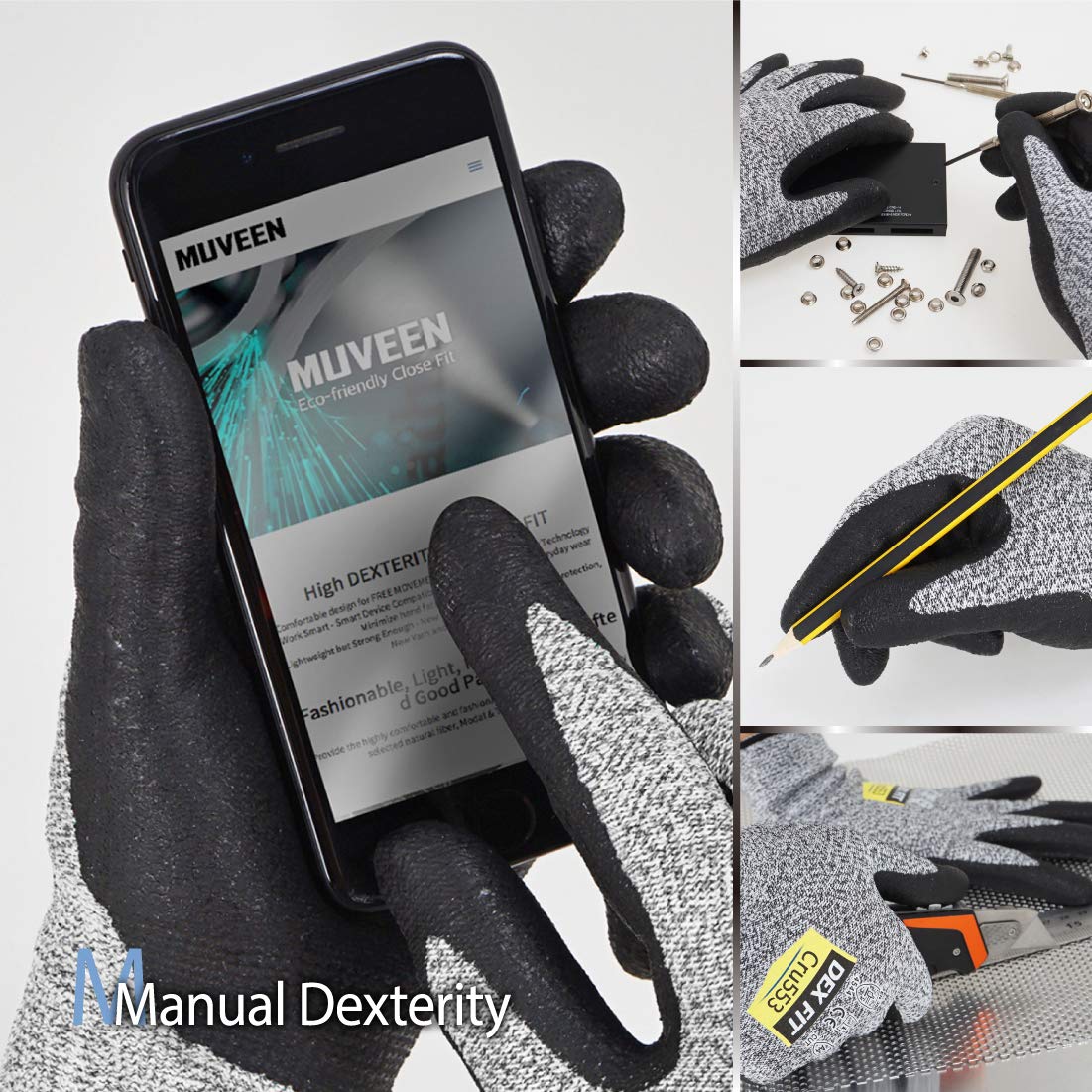 DEX FIT Cru553 – Guantes resistentes a cortes nivel 5, ajuste cómodo 3D, agarre firme, delgados, ligeros, compatibles con pantalla táctil y lavables