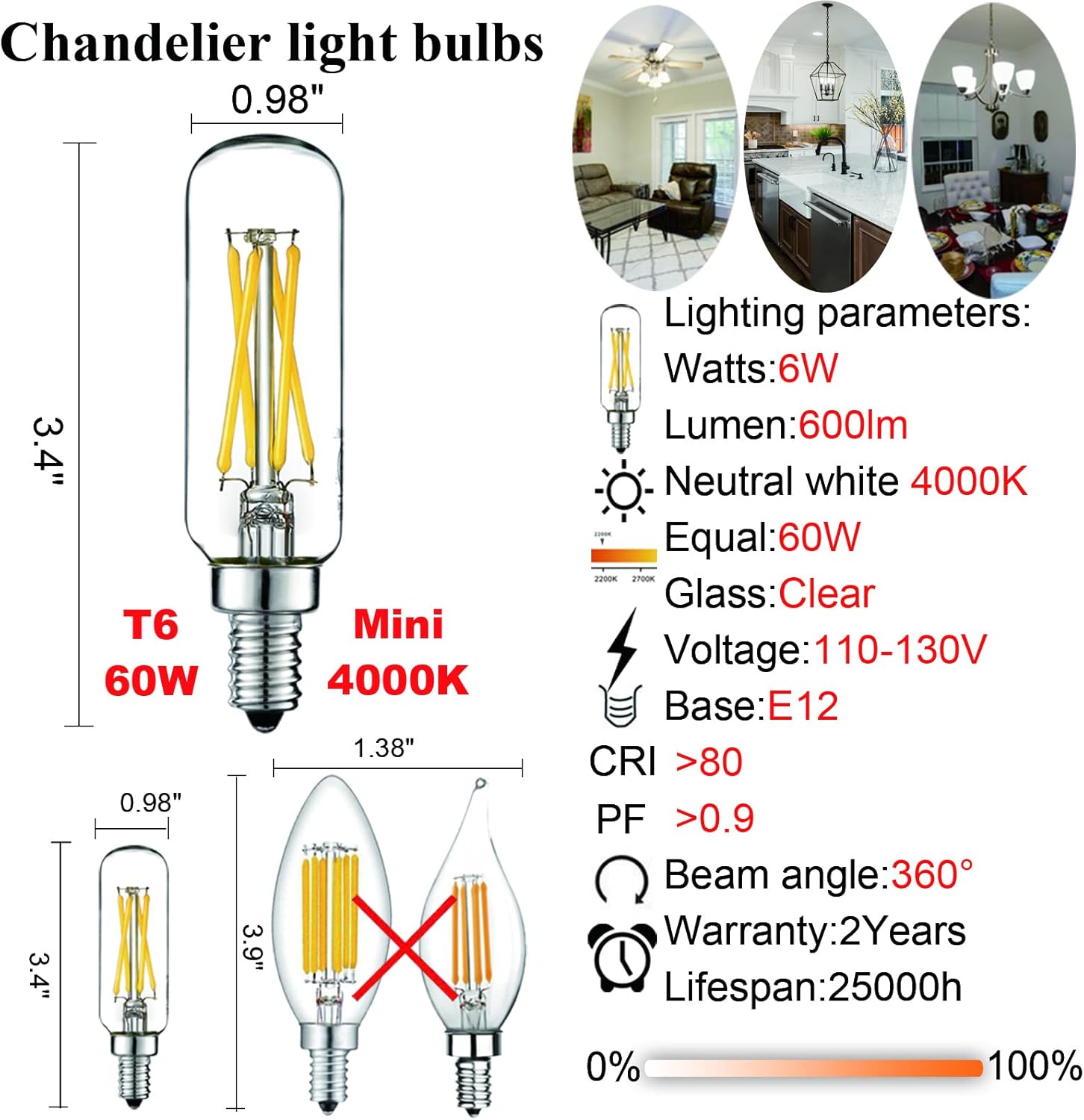 LiteHistory Bombilla LED E12 equivalente a 6 W, bombilla de candelabro E12, 60 W, blanco neutro, 4000 K, AC120 V, 600 lm, regulable T6 T25 para