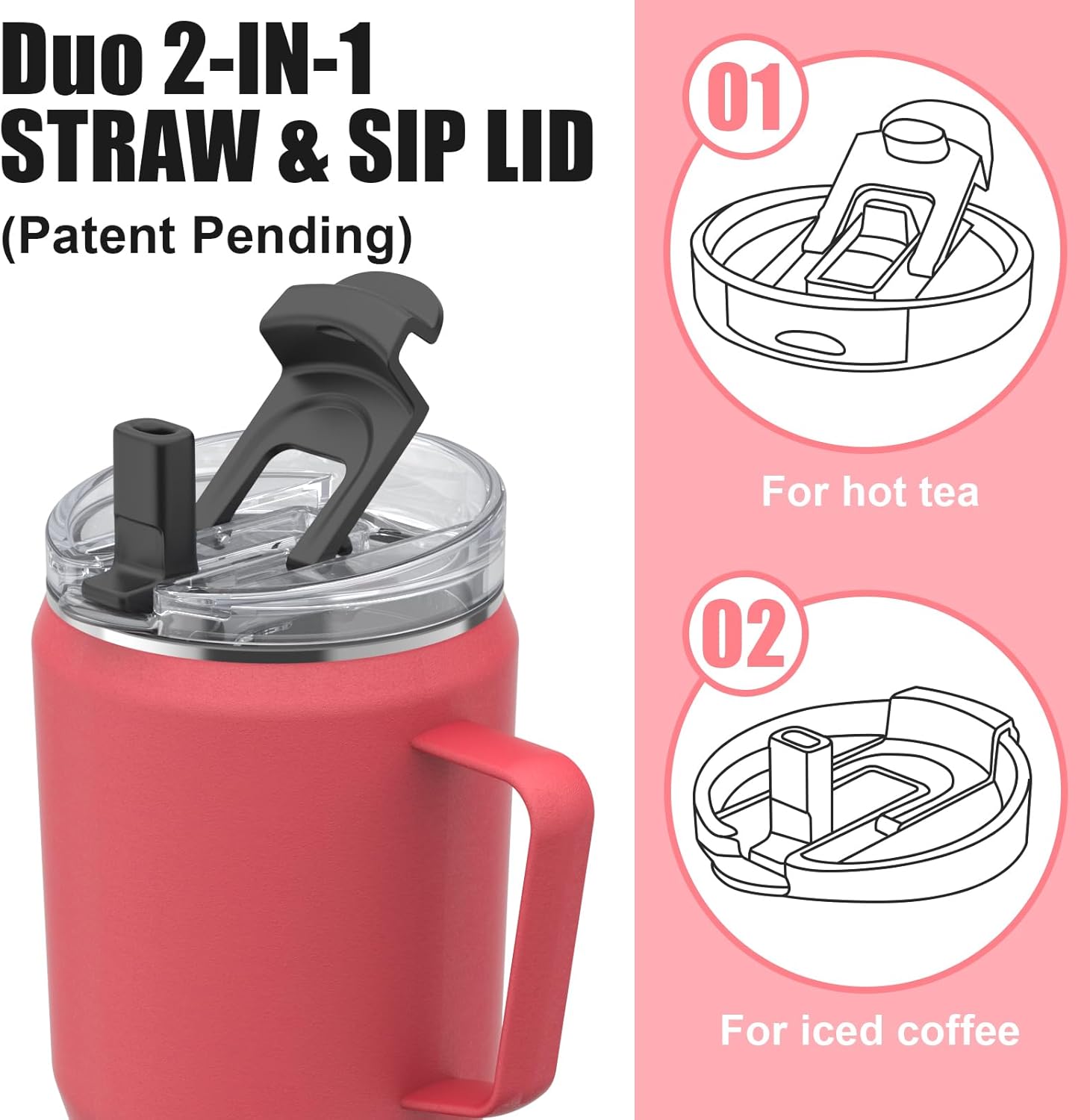 Sursip Vaso aislado de 40 onzas con mango de acero inoxidable y tapa con popote 2 en 1, taza de viaje de acero inoxidable de doble pared a prueba de