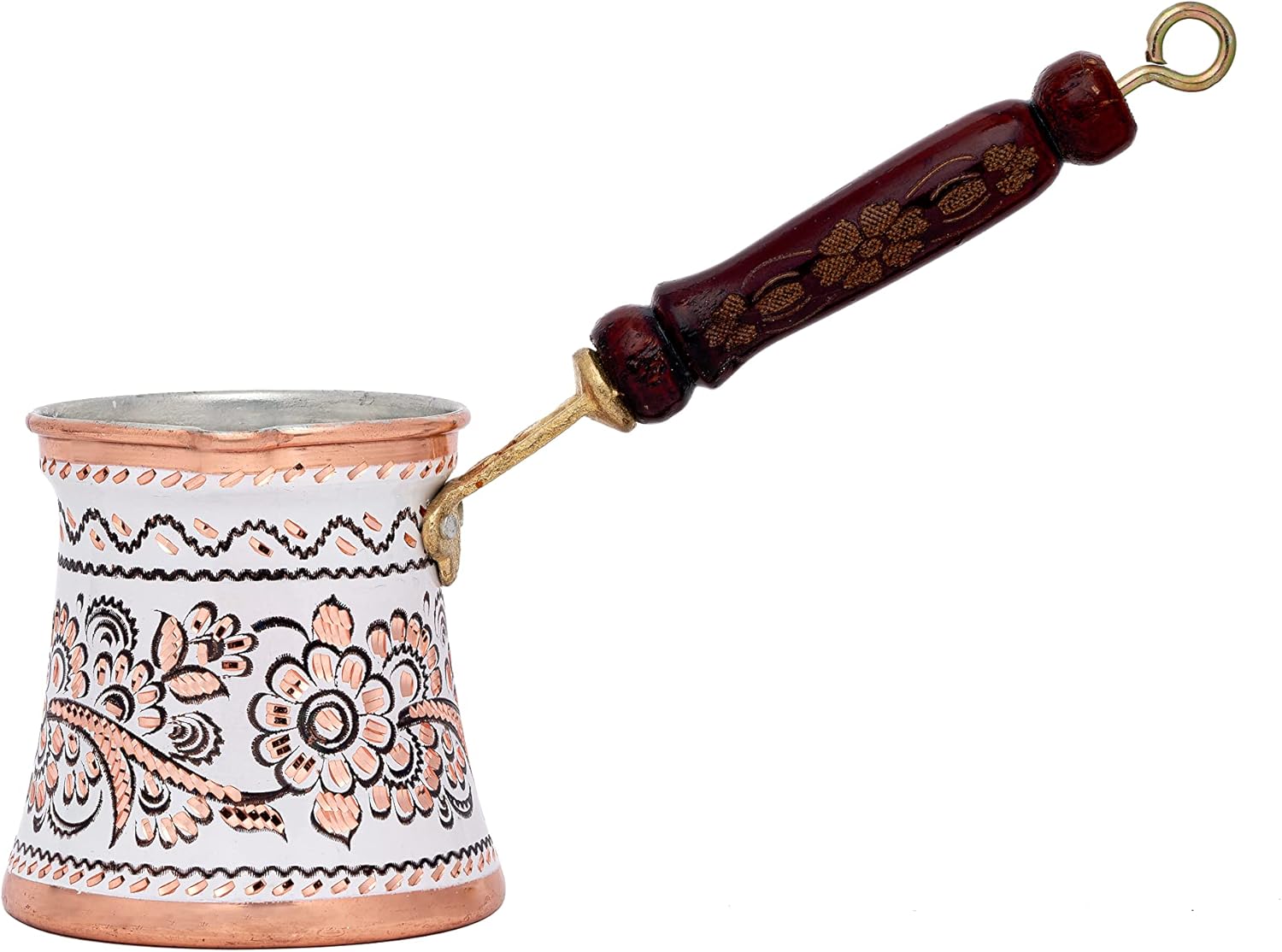GOLDEN HORN Cezve Ibrik – Cafetera turca de cobre martillada grabada de 10 onzas con mango de madera, cafetera árabe pintada, cafetera griega Briki,