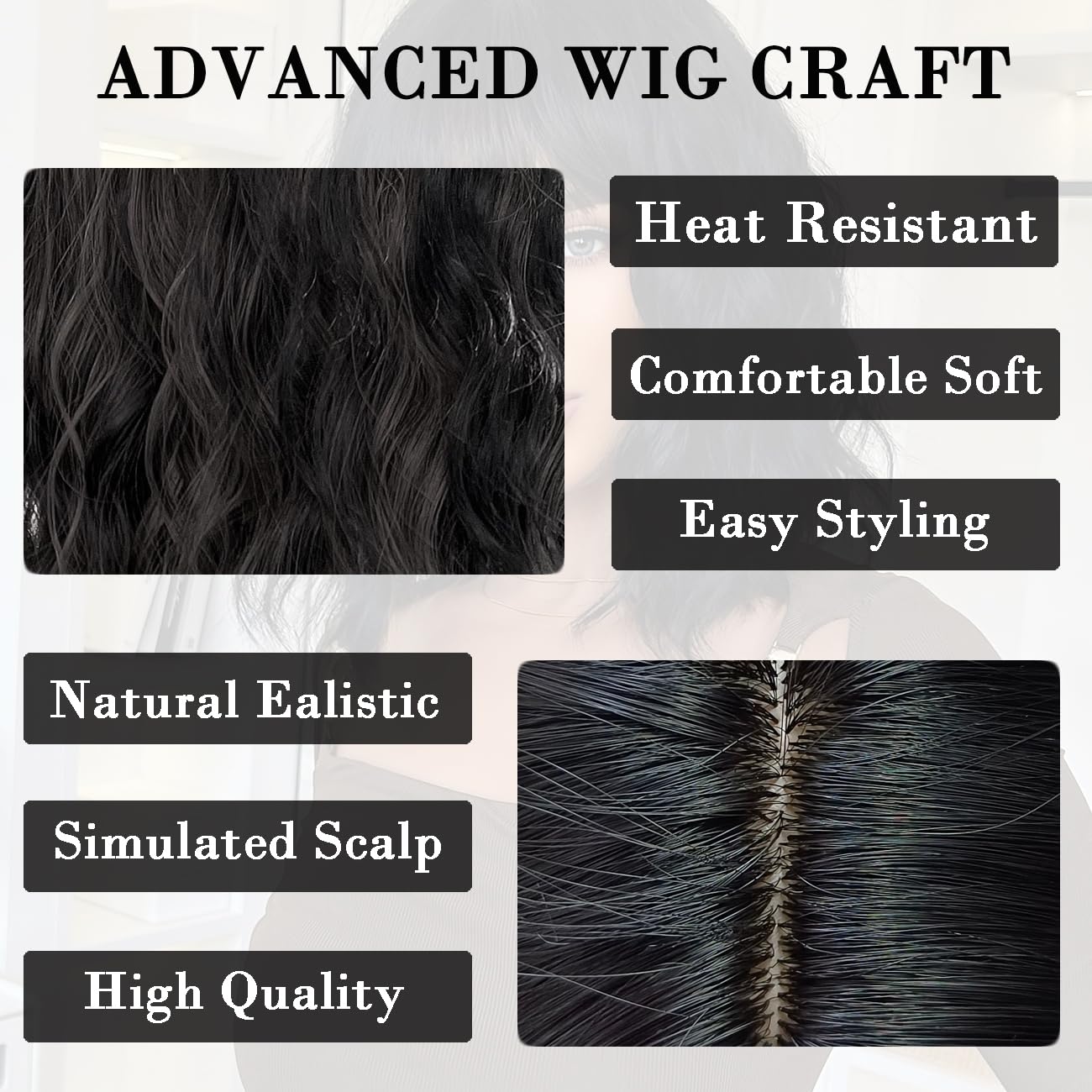 Pelucas cortas onduladas negras para mujer, peluca natural hasta el hombro con flequillo, pelucas sintéticas para cosplay diario