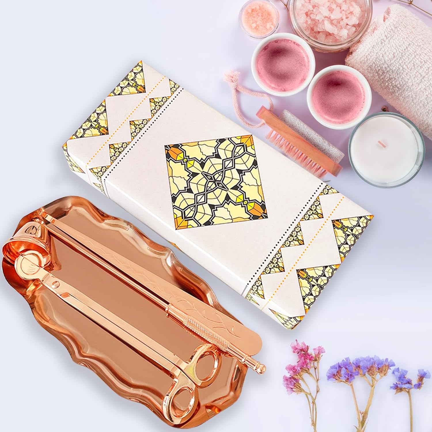 Juego de accesorios de velas 4 en 1, recortador de mecha de vela, desinflador de velas, plato de bandeja de almacenamiento con bolsa portátil caja