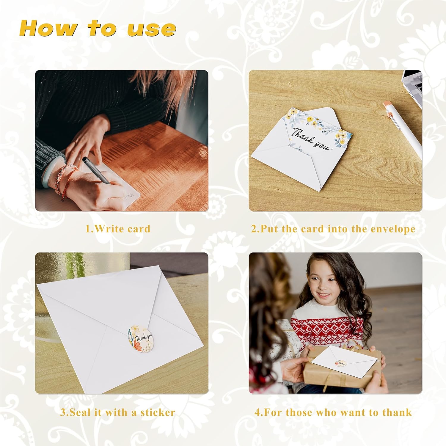 HISDEAR Tarjetas de agradecimiento con sobres y calcomanías, 100 piezas de diseño floral pintado para bodas, baby shower, negocios, despedidas de