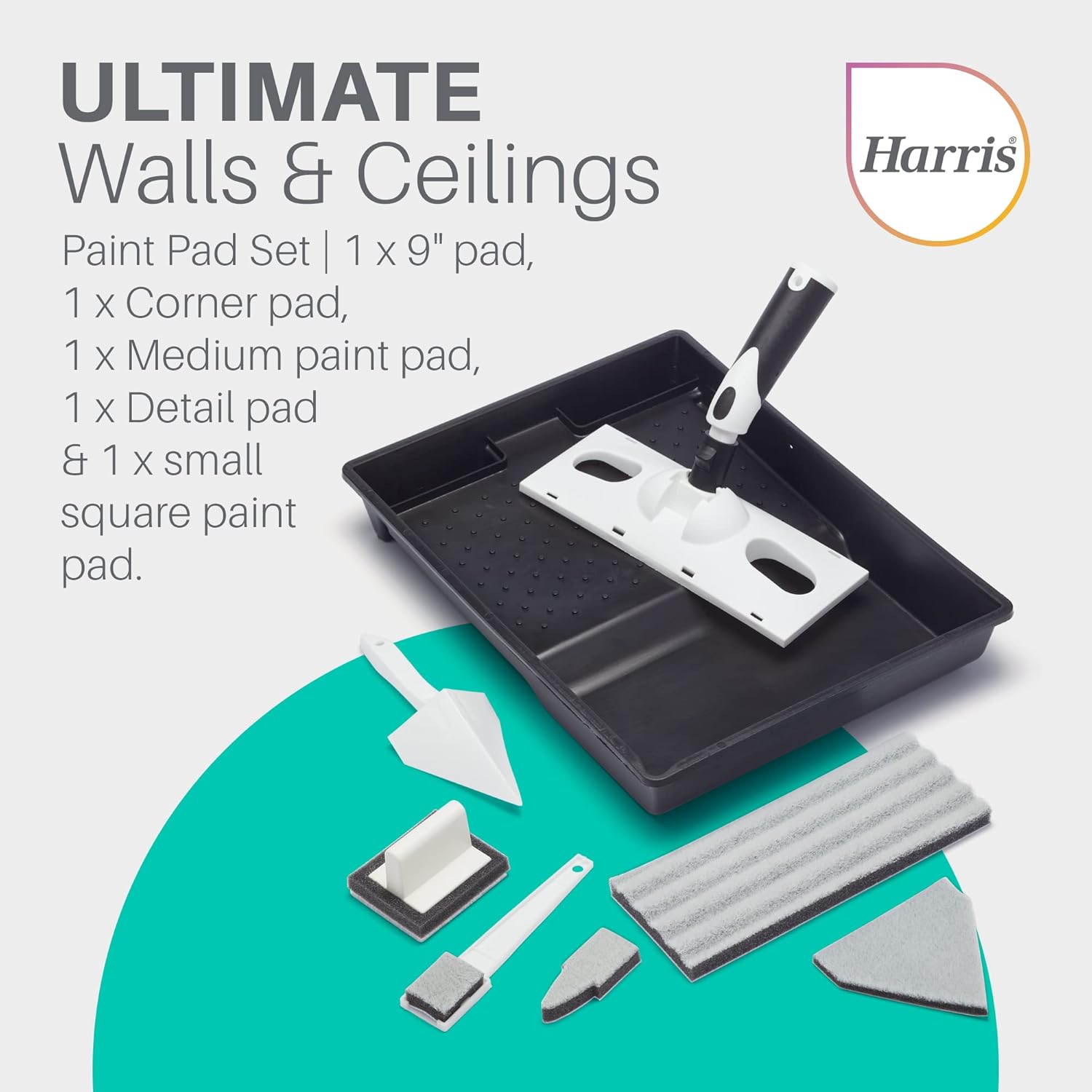 Harris Seriously Good – Juego de almohadillas de pintura para paredes y techos, mango, ventana de esquina grande, almohadilla de banda extendida y