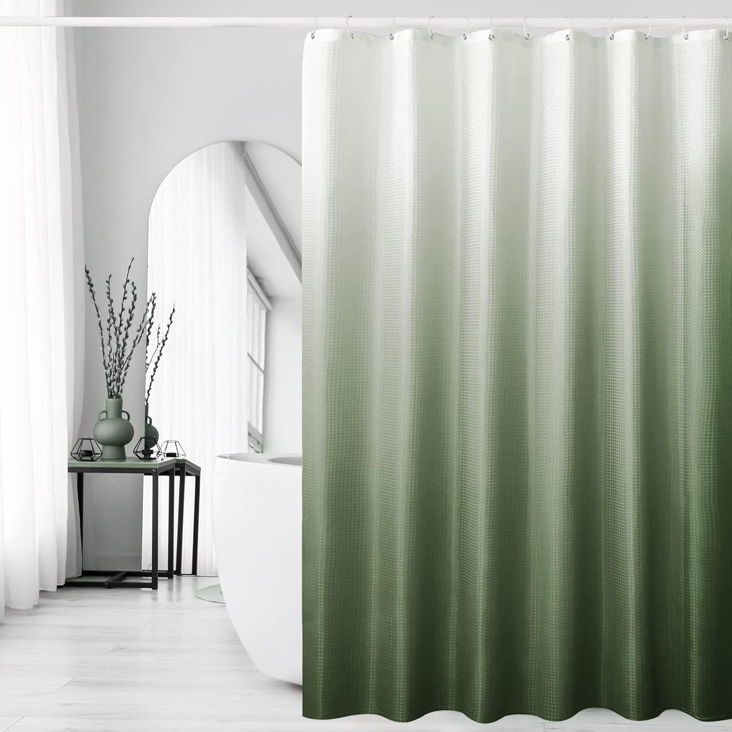 Gibelle Cortina de ducha verde salvia, cortinas de ducha degradadas para baño, juego de cortina de ducha de tela texturizada de tejido gofre con
