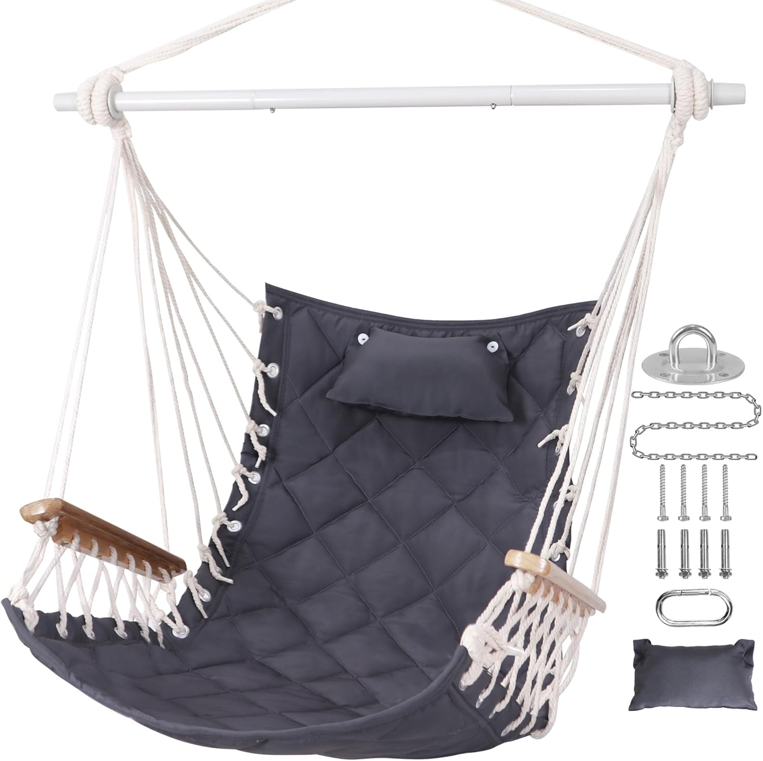 Hammock Chair Hanging Swing with Wooden ArmrestsSteel Spreader Bar,Pillows,Hardware kit IncludedCotton Woven FabricUp to 350 Lbs,for Indoor or