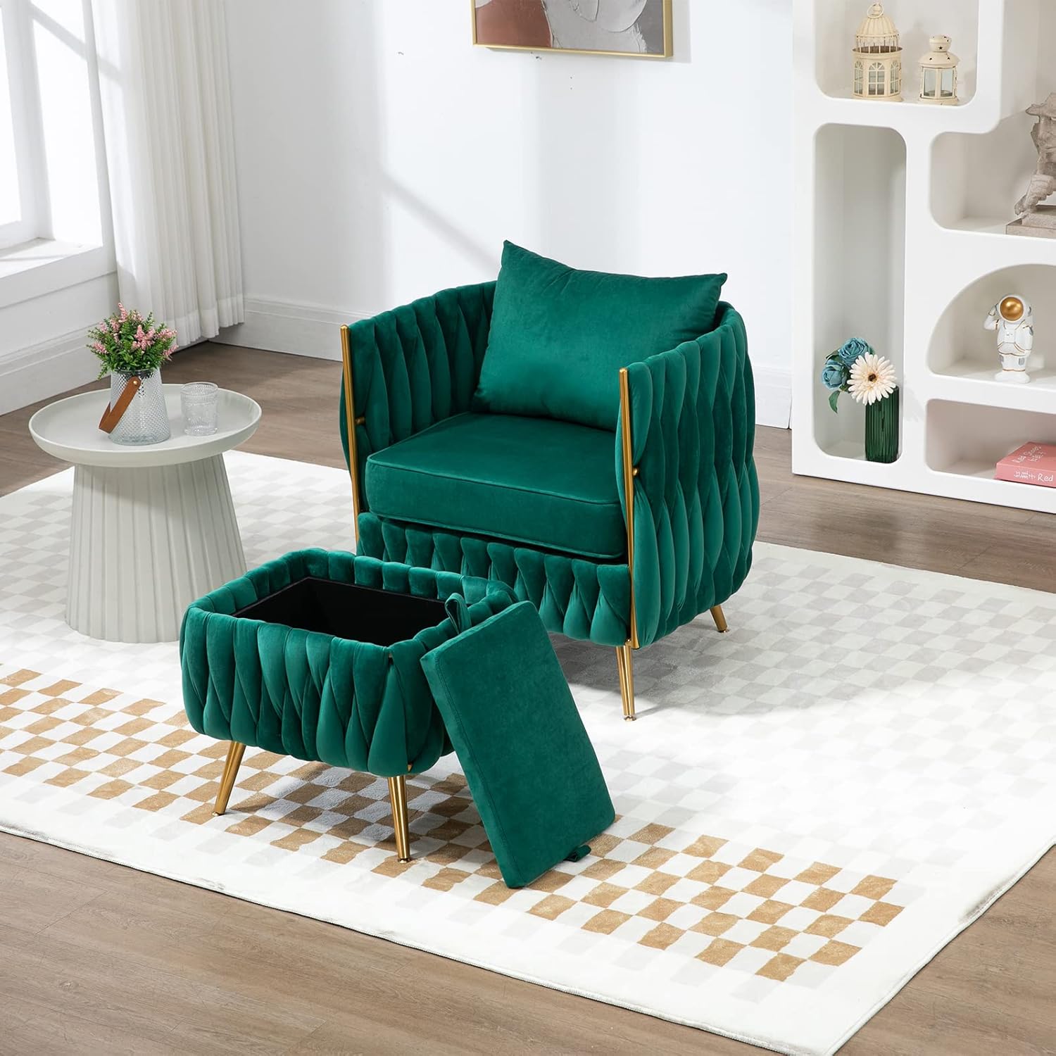 Homtique Silla decorativa de terciopelo con otomana de almacenamiento para sala de estar, moderno y cómodo sillón tapizado con almohada, sofá